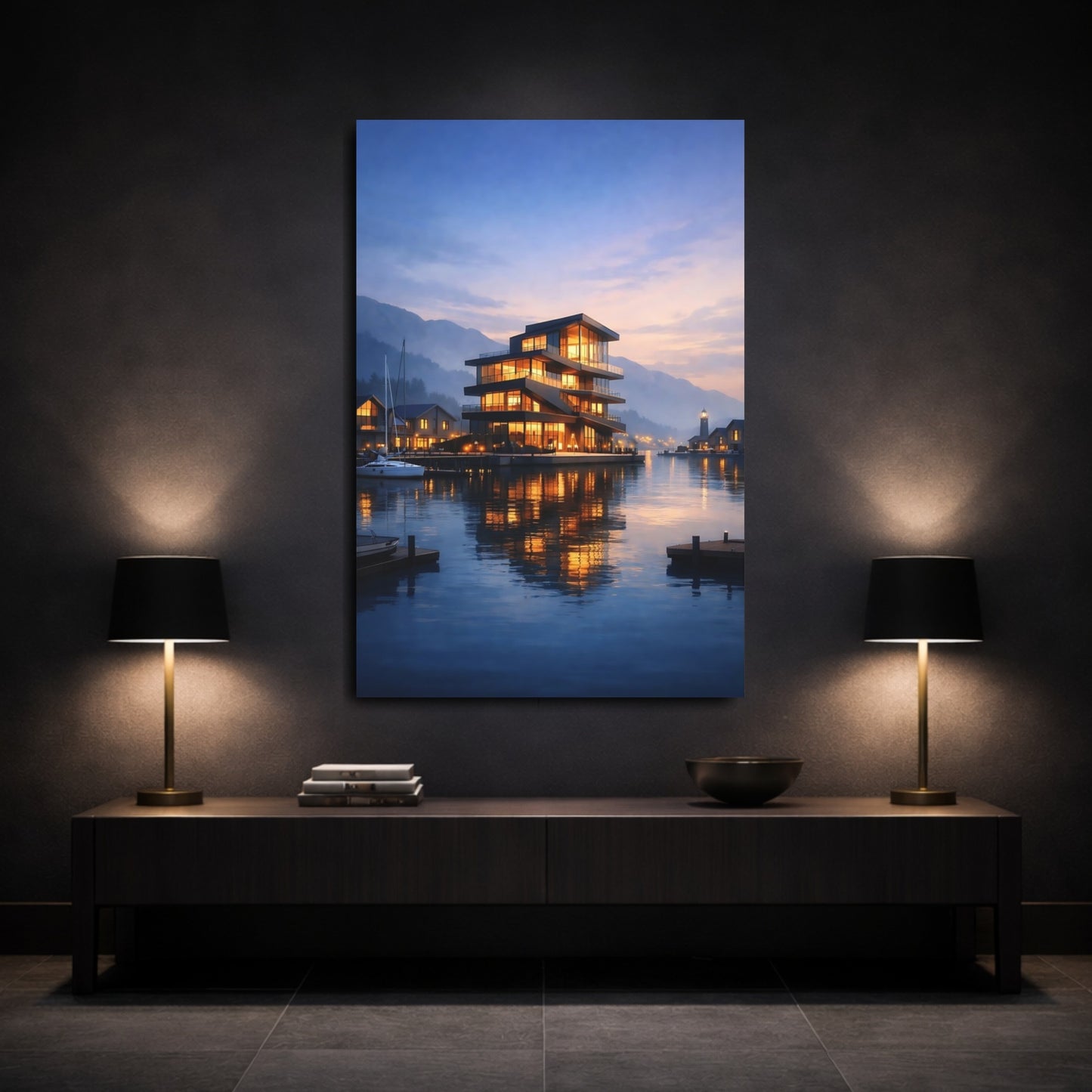 Mockup 2. Nature Waterfront Building Blue And Orange Waterfront shown as stretched canvas wall art