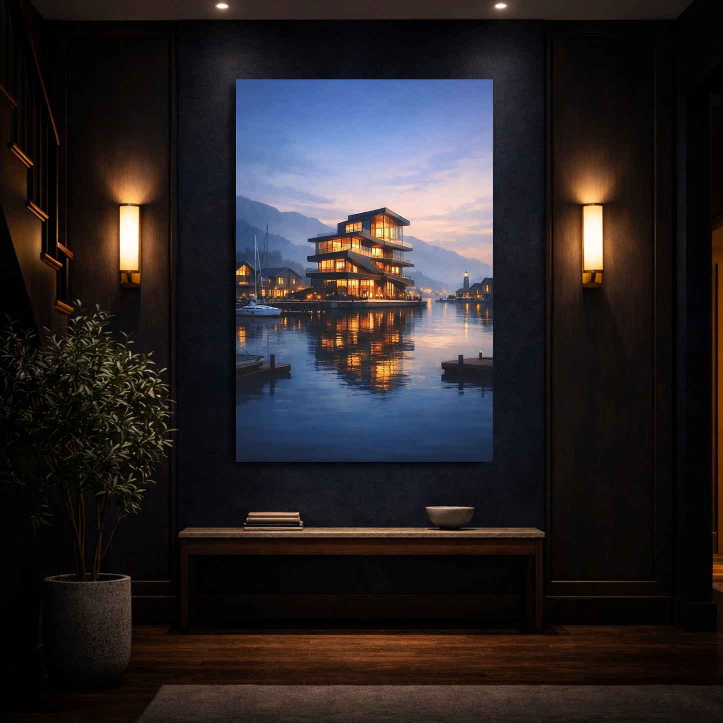 Mockup 3. Nature Waterfront Building Blue And Orange Waterfront shown as stretched canvas wall art
