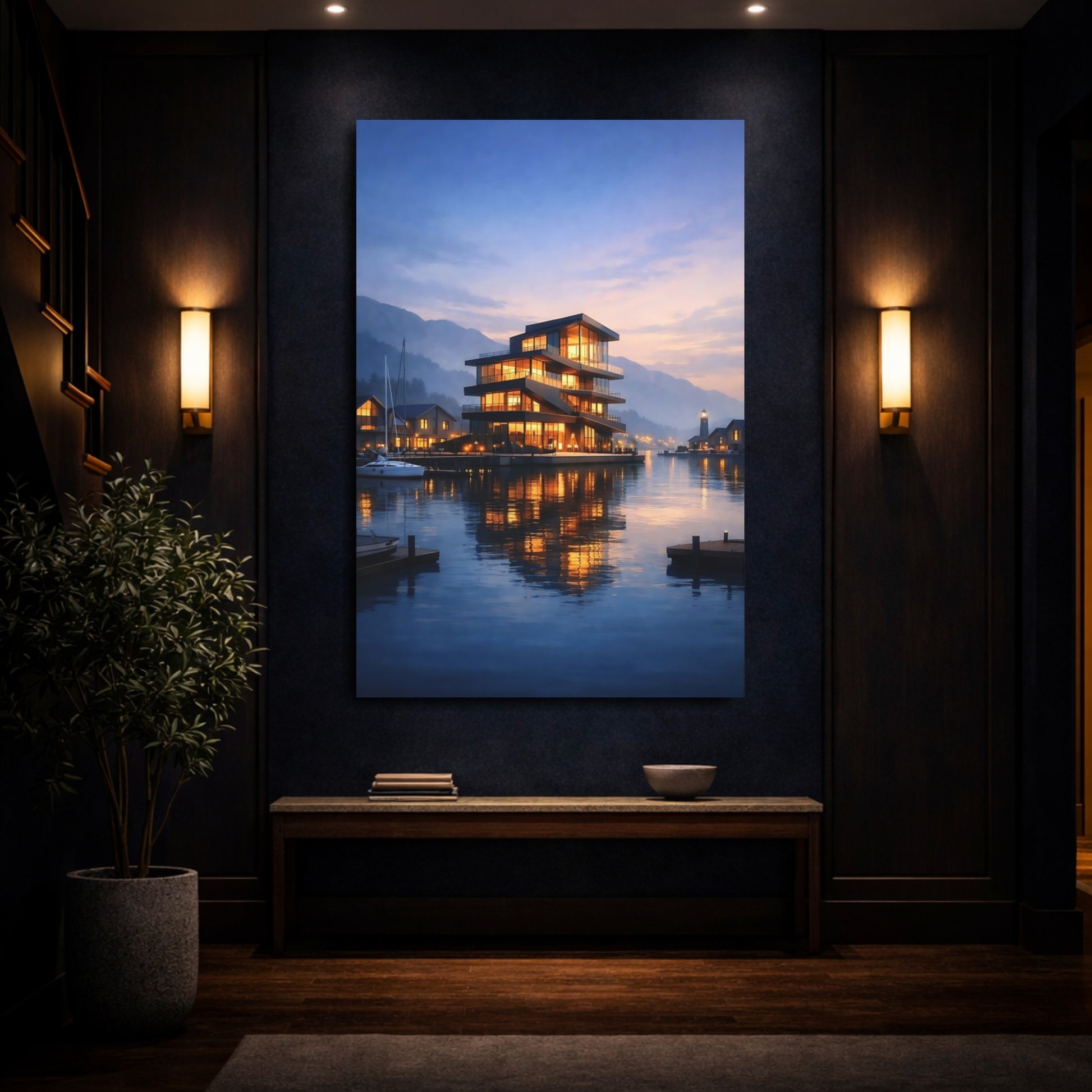 Mockup 3. Nature Waterfront Building Blue And Orange Waterfront shown as stretched canvas wall art