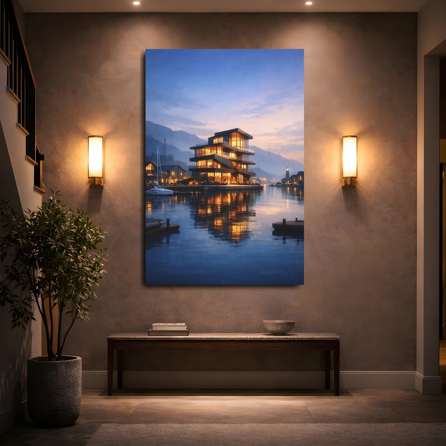Mockup 4. Nature Waterfront Building Blue And Orange Waterfront shown as stretched canvas wall art