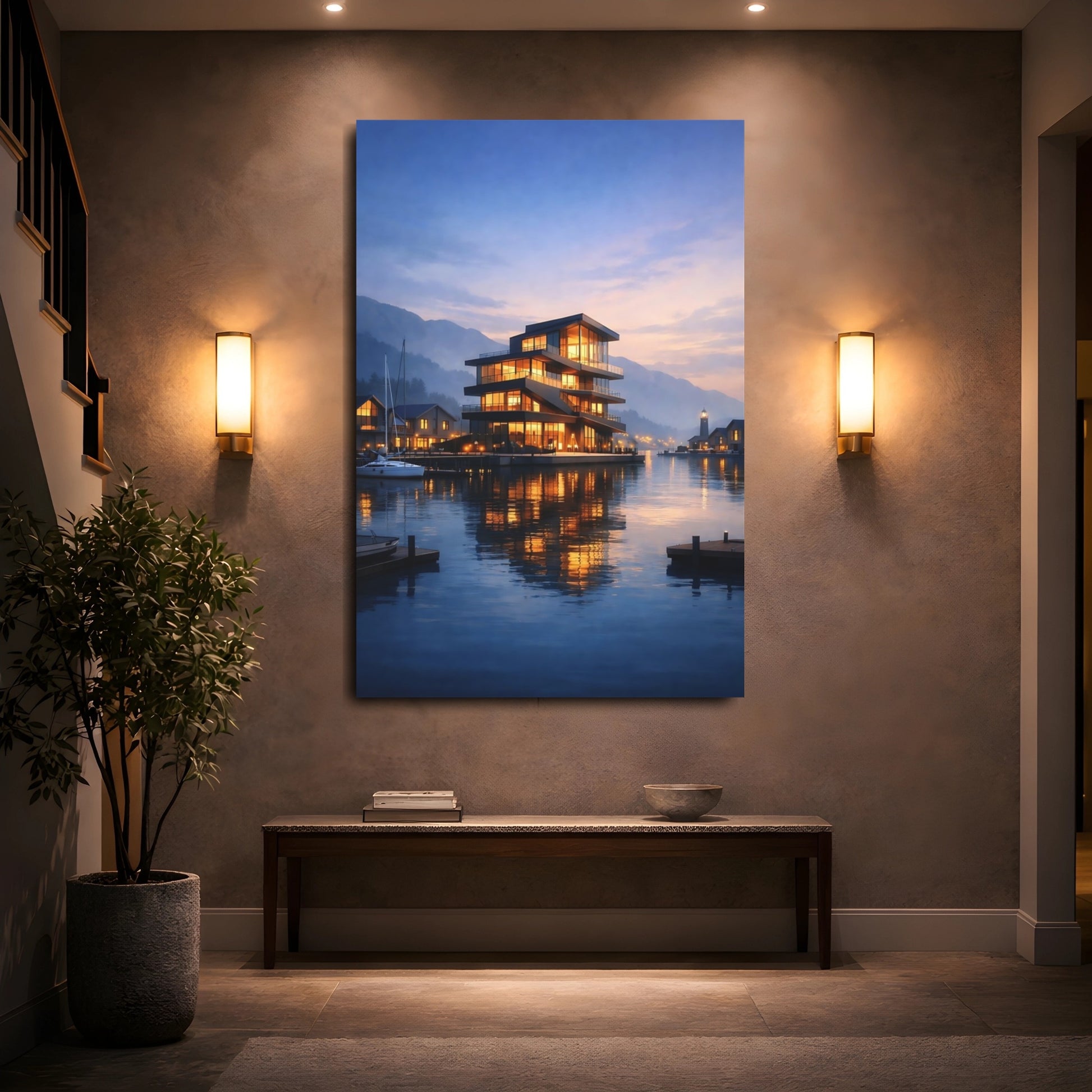 Mockup 4. Nature Waterfront Building Blue And Orange Waterfront shown as stretched canvas wall art