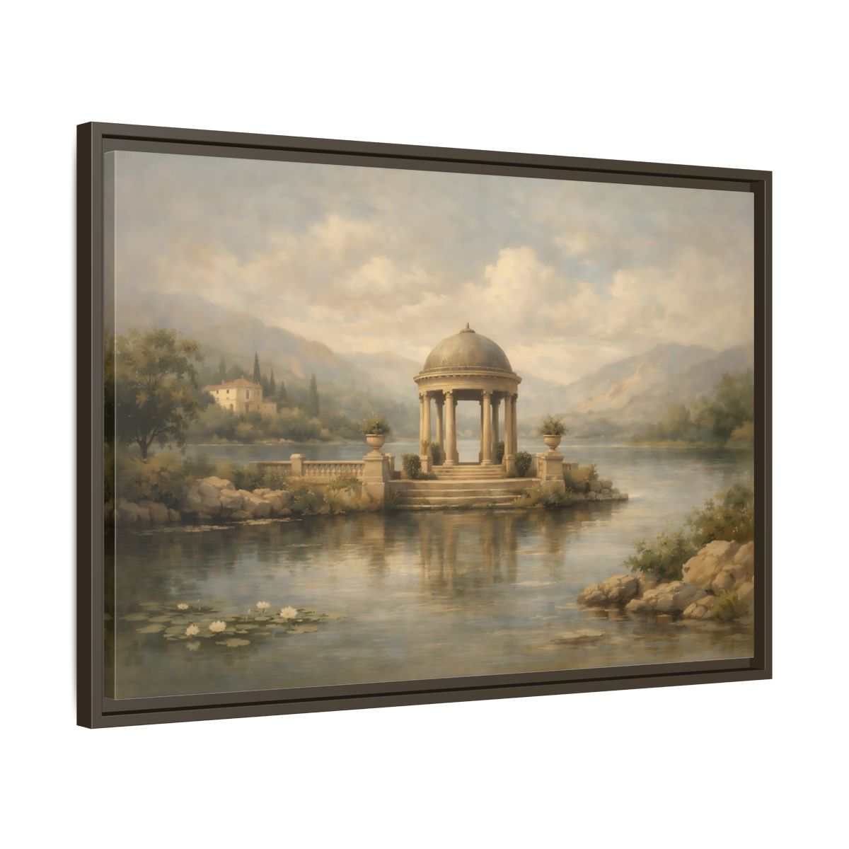 Side Mockup 11. Nature Waterfront Gazebo Muted Landscape shown as stretched canvas wall art