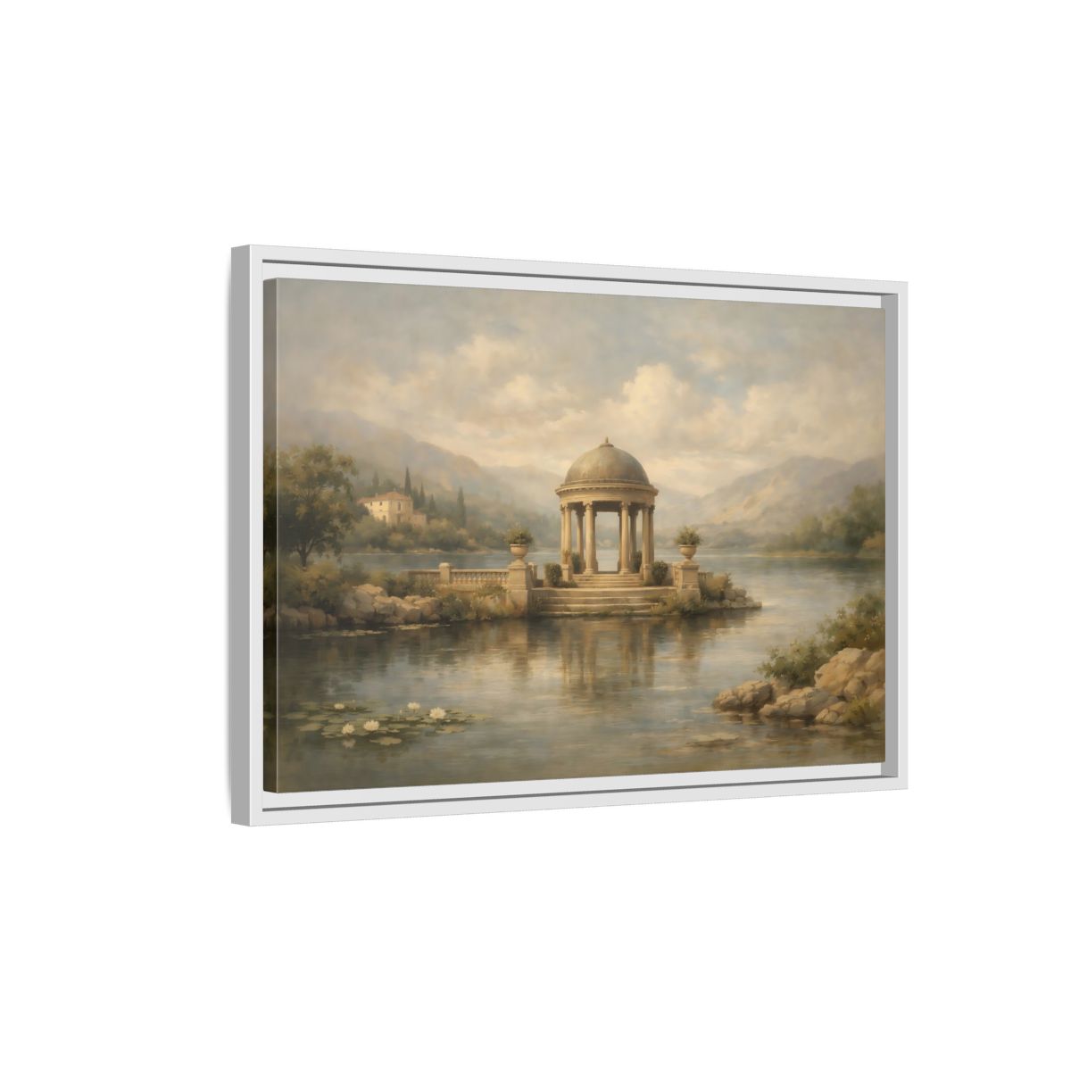 Side Mockup 1. Nature Waterfront Gazebo Muted Landscape shown as stretched canvas wall art