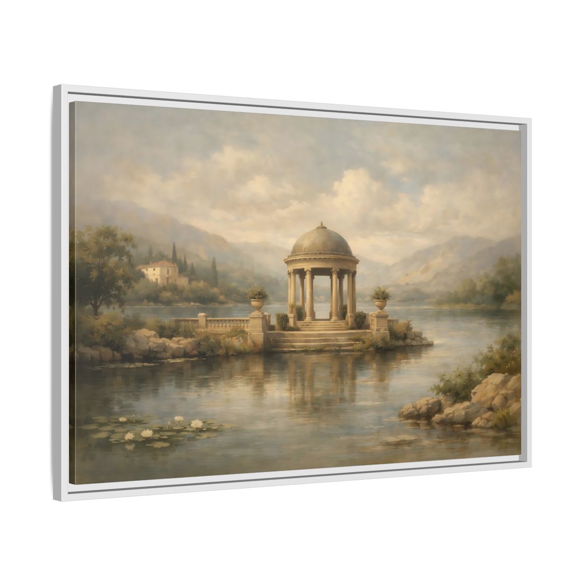Side Mockup 8. Nature Waterfront Gazebo Muted Landscape shown as stretched canvas wall art