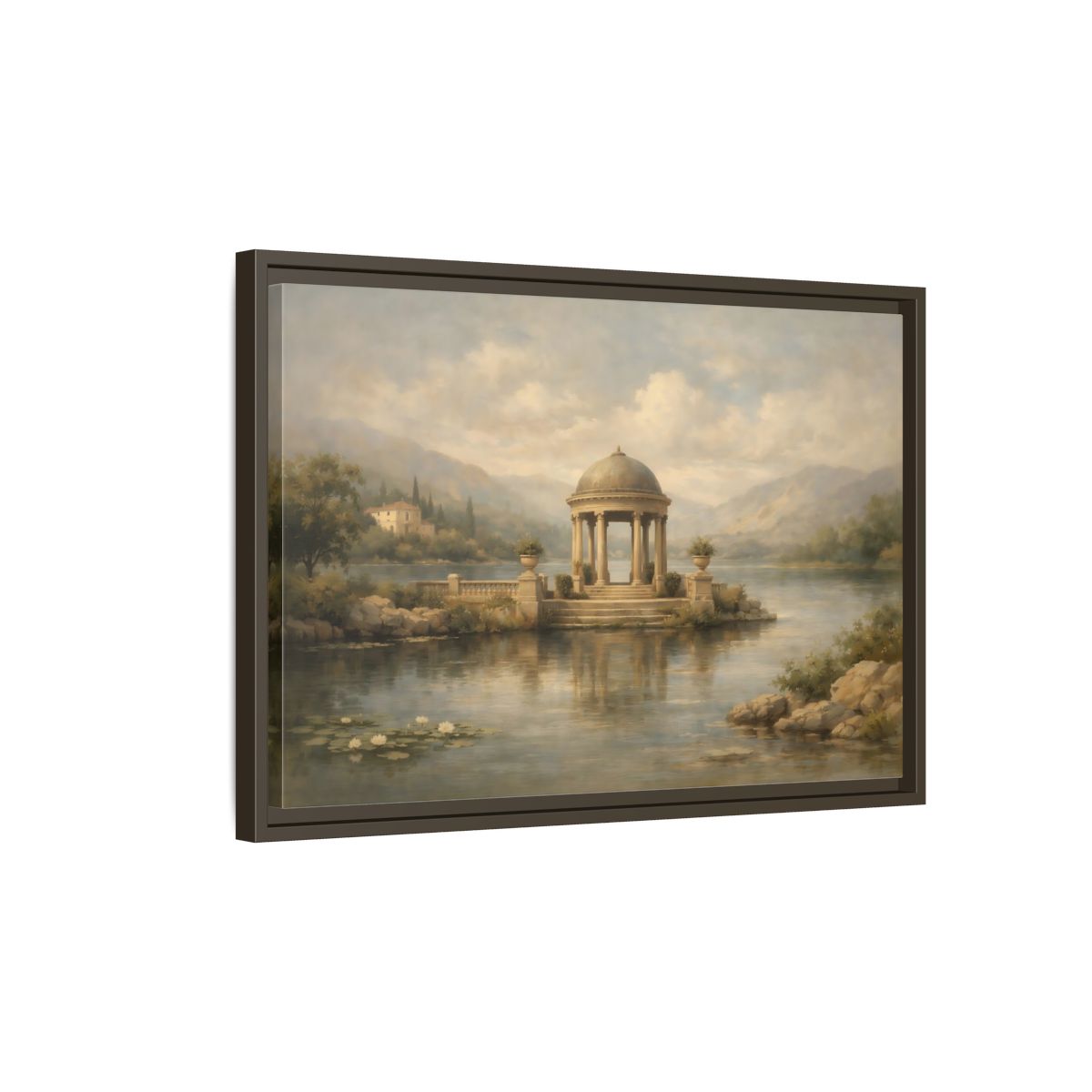 Side Mockup 2. Nature Waterfront Gazebo Muted Landscape shown as stretched canvas wall art