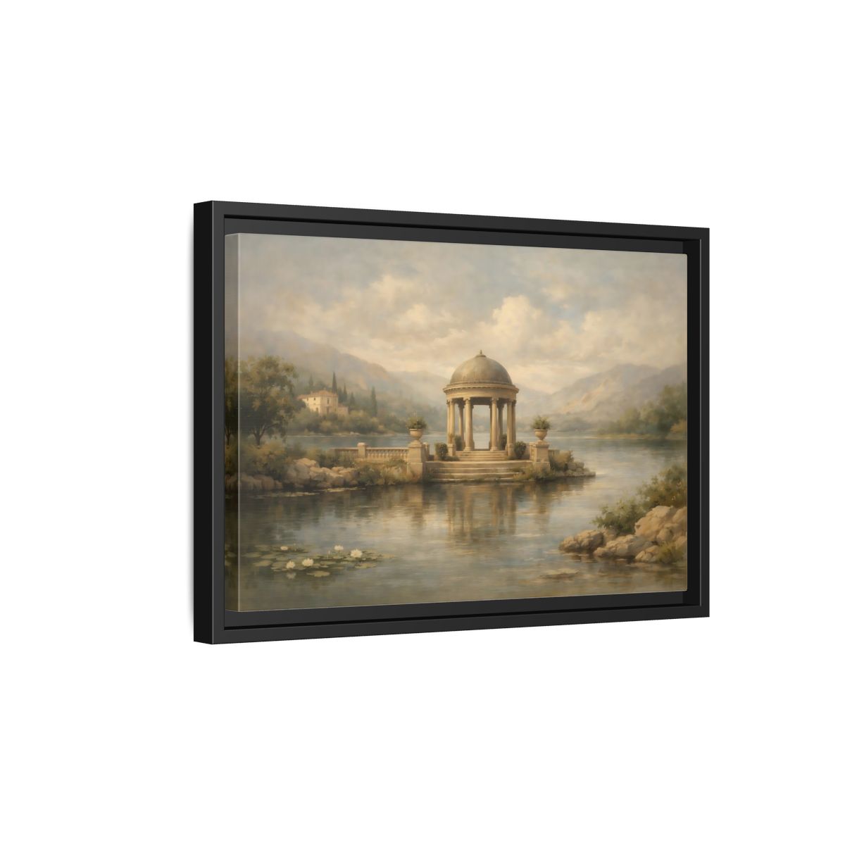 Side Mockup 6. Nature Waterfront Gazebo Muted Landscape shown as stretched canvas wall art