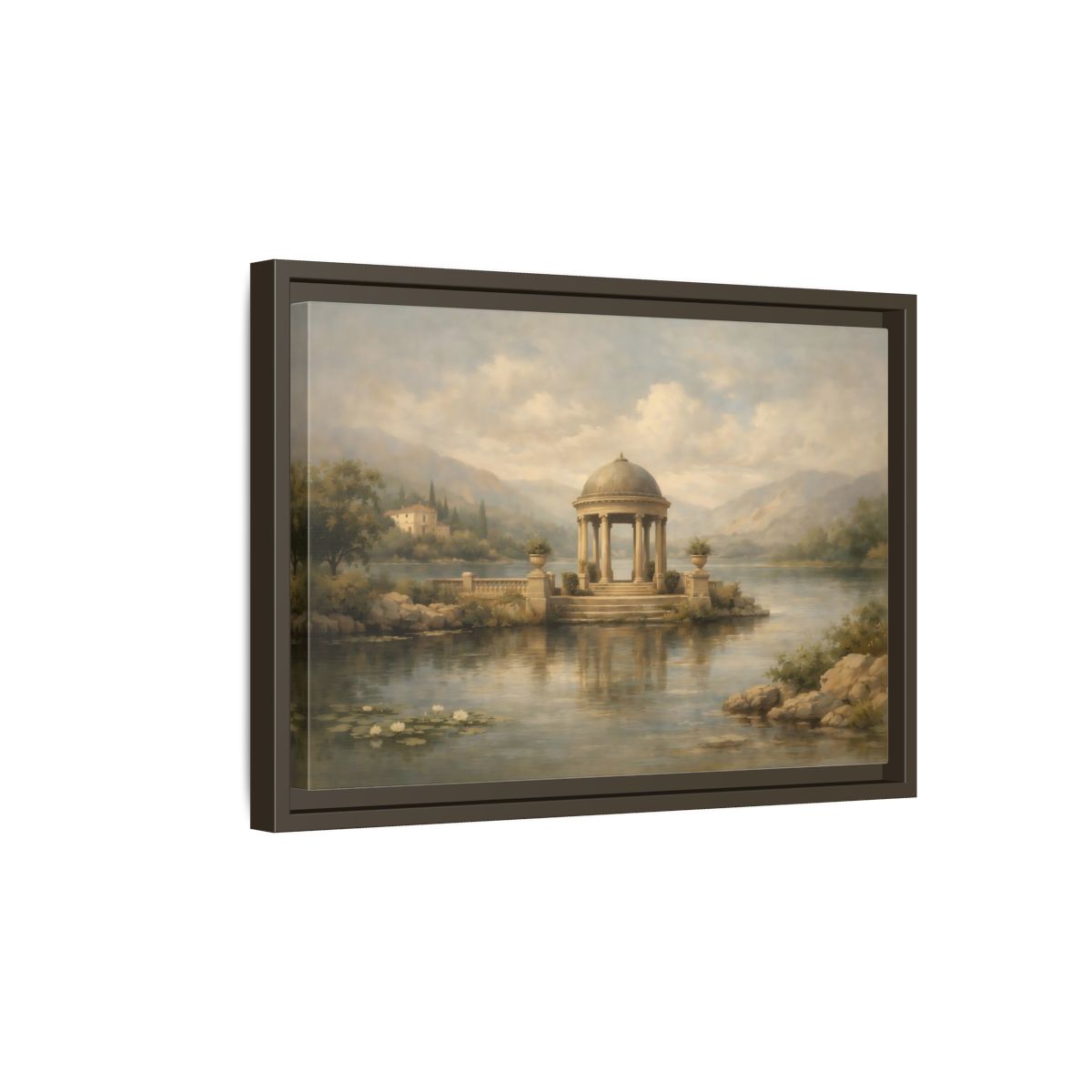 Side Mockup 5. Nature Waterfront Gazebo Muted Landscape shown as stretched canvas wall art