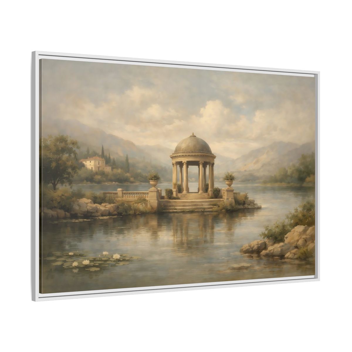 Side Mockup 7. Nature Waterfront Gazebo Muted Landscape shown as stretched canvas wall art