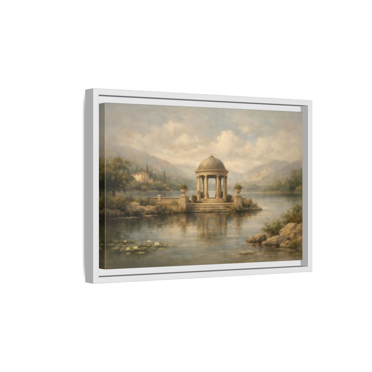 Side Mockup 4. Nature Waterfront Gazebo Muted Landscape shown as stretched canvas wall art