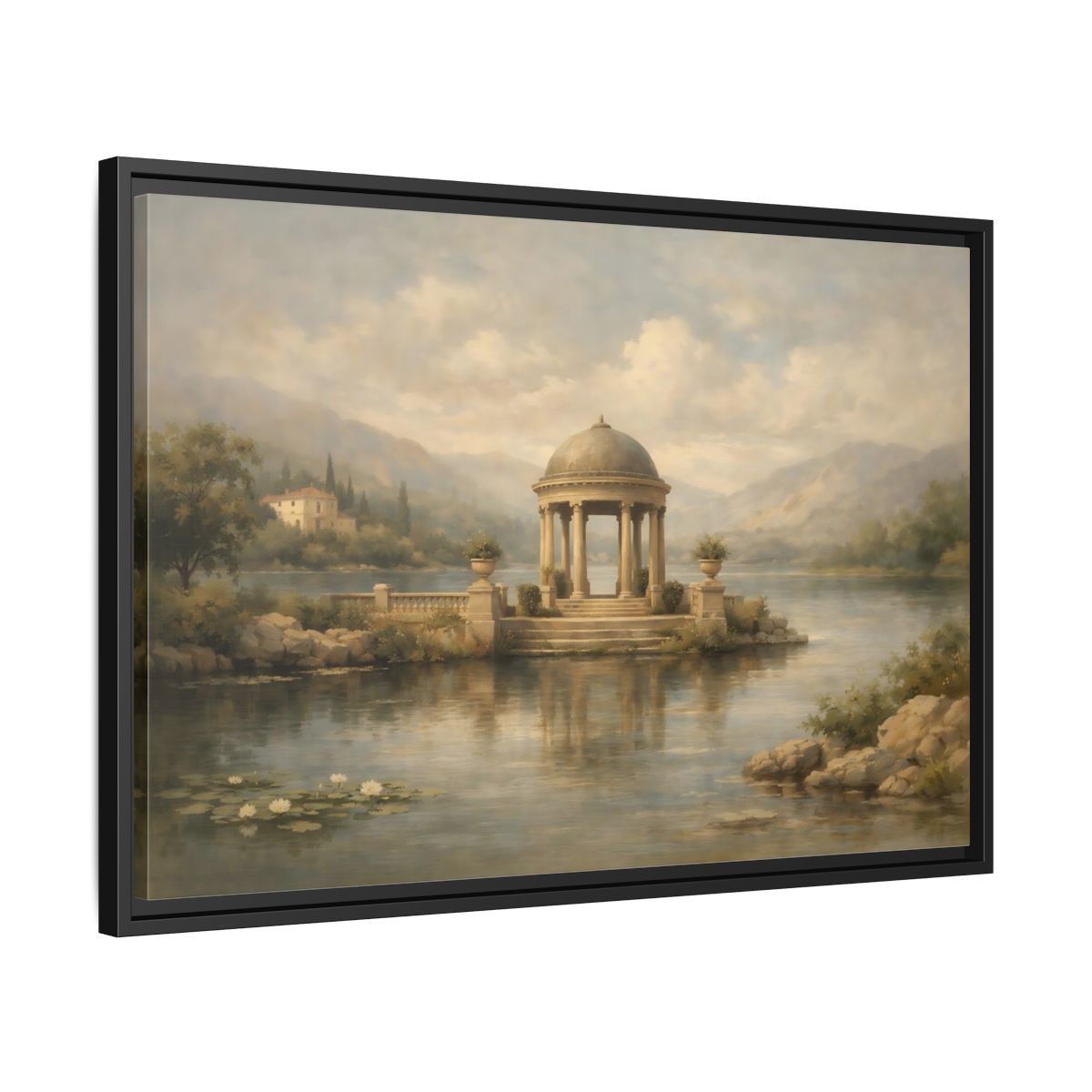 Side Mockup 14. Nature Waterfront Gazebo Muted Landscape shown as stretched canvas wall art