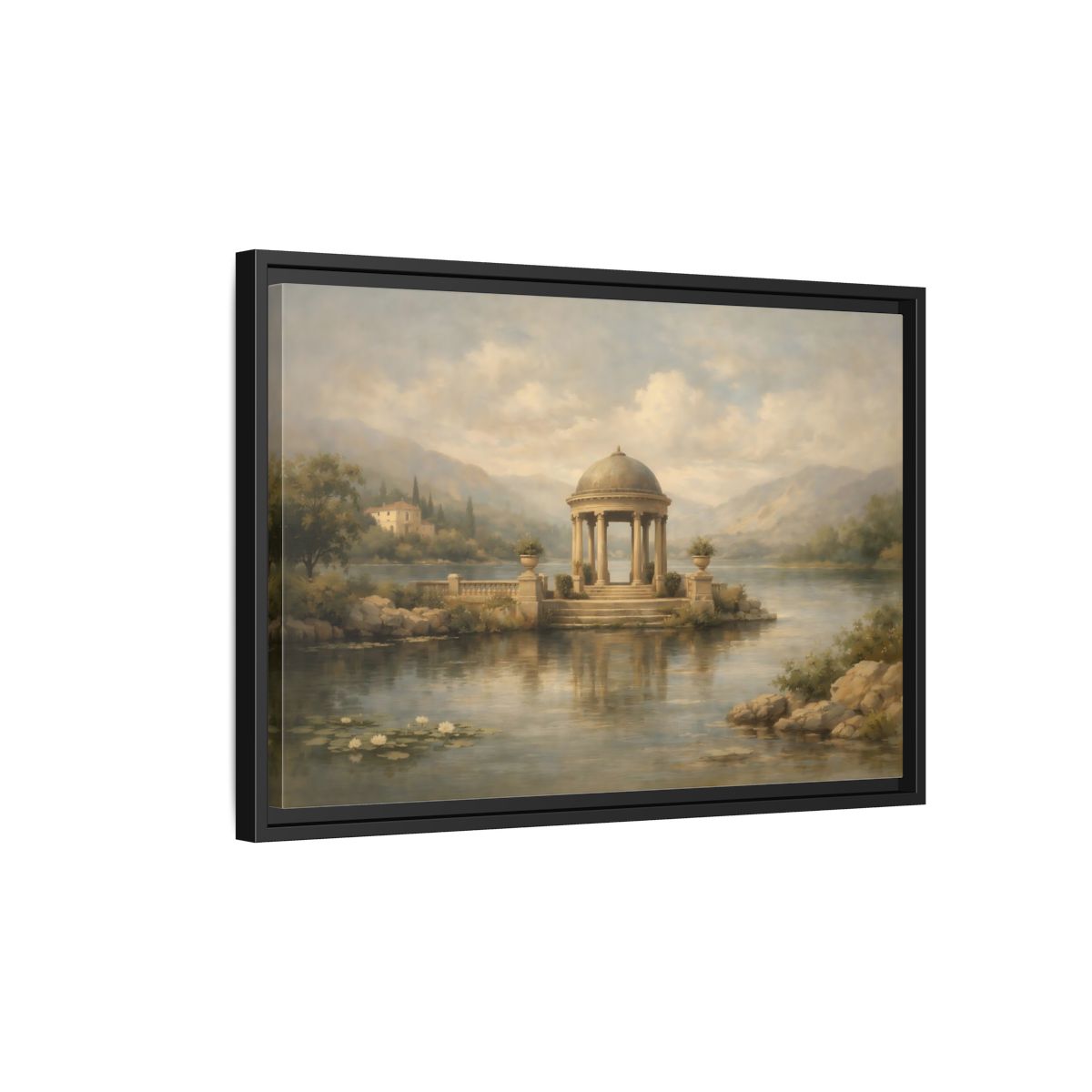 Side Mockup 3. Nature Waterfront Gazebo Muted Landscape shown as stretched canvas wall art