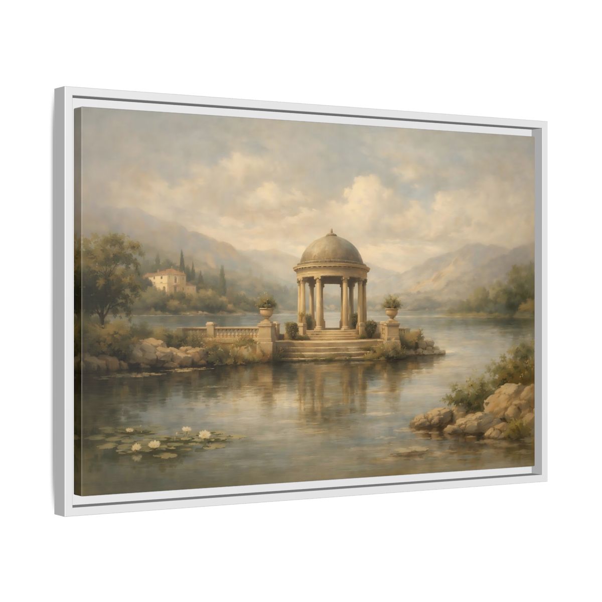 Side Mockup 10. Nature Waterfront Gazebo Muted Landscape shown as stretched canvas wall art