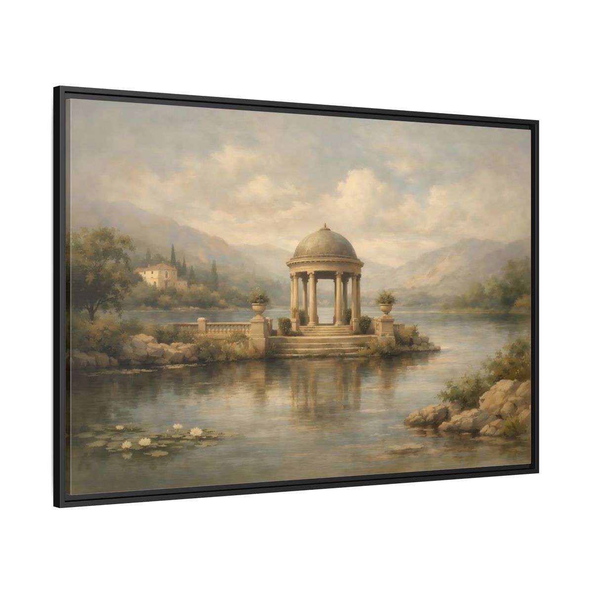 Side Mockup 12. Nature Waterfront Gazebo Muted Landscape shown as stretched canvas wall art