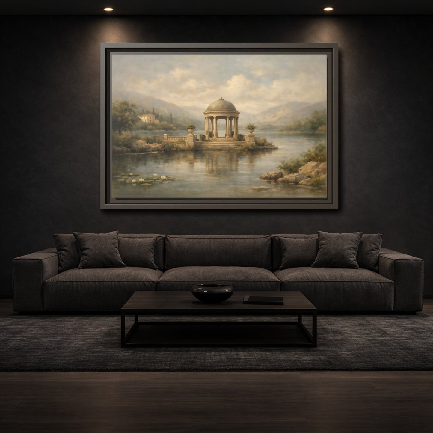 Mockup 2. Nature Waterfront Gazebo Muted Landscape shown as stretched canvas wall art