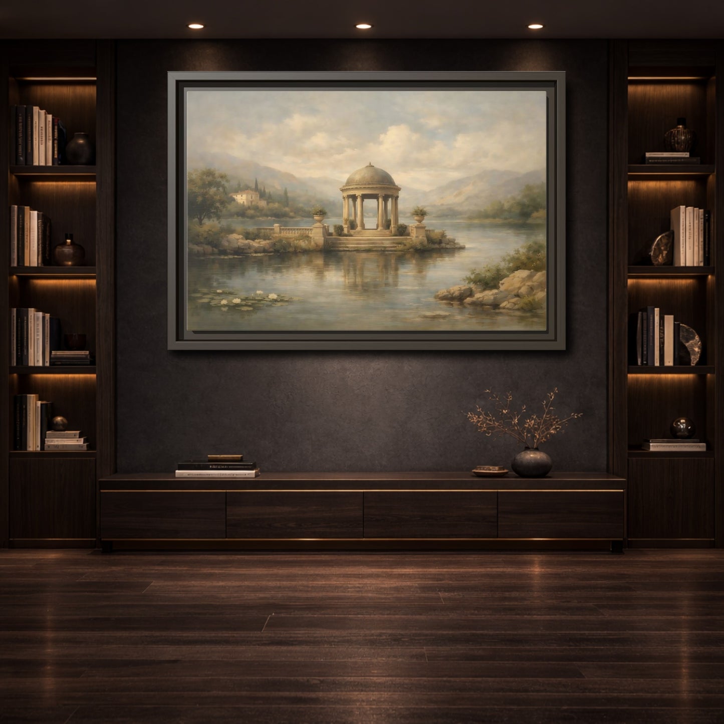 Mockup 3. Nature Waterfront Gazebo Muted Landscape shown as stretched canvas wall art