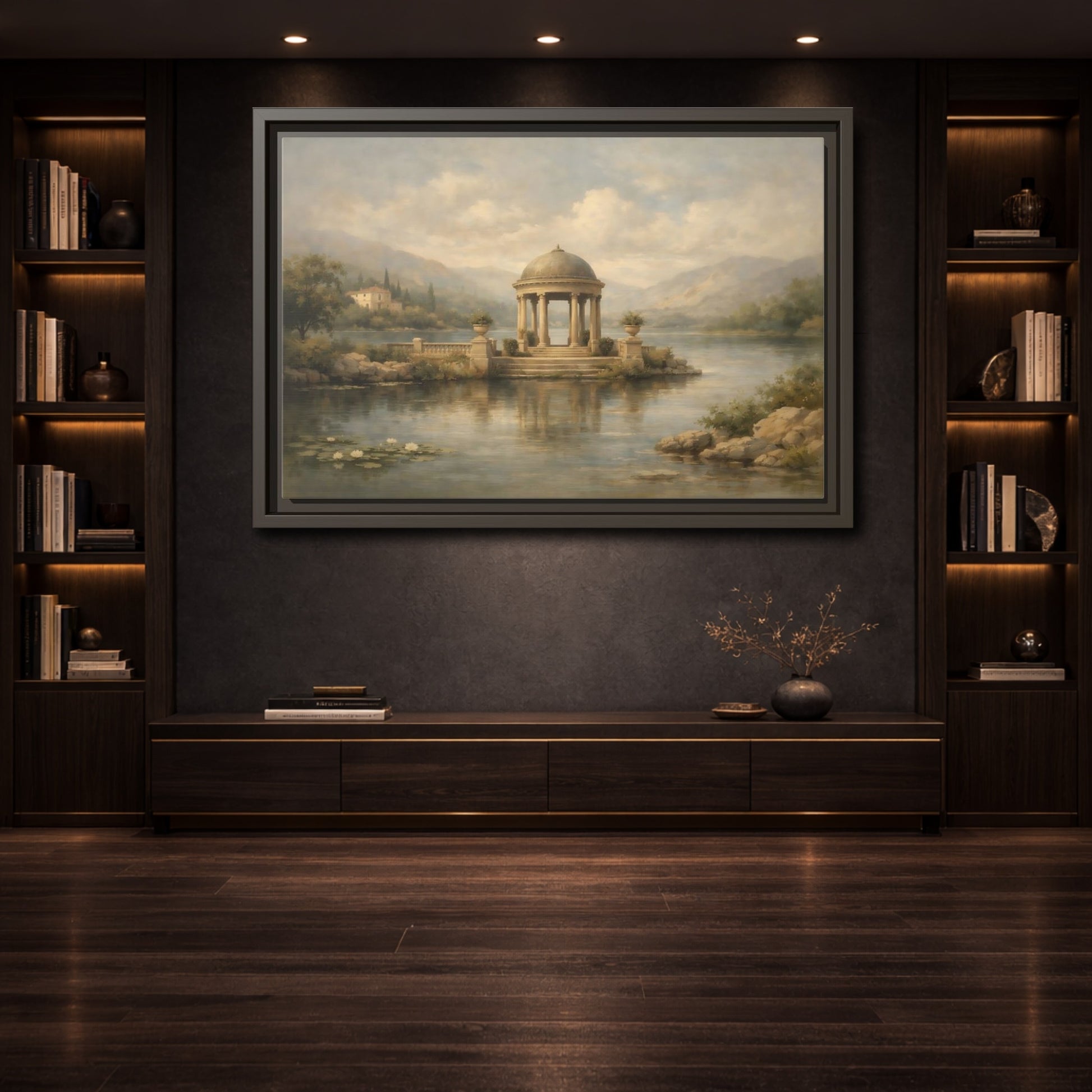Mockup 3. Nature Waterfront Gazebo Muted Landscape shown as stretched canvas wall art