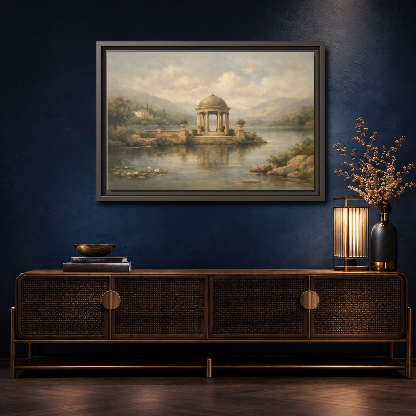 Mockup 4. Nature Waterfront Gazebo Muted Landscape shown as stretched canvas wall art