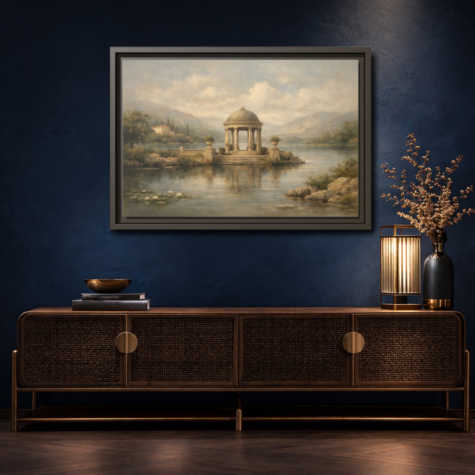 Mockup 4. Nature Waterfront Gazebo Muted Landscape shown as stretched canvas wall art