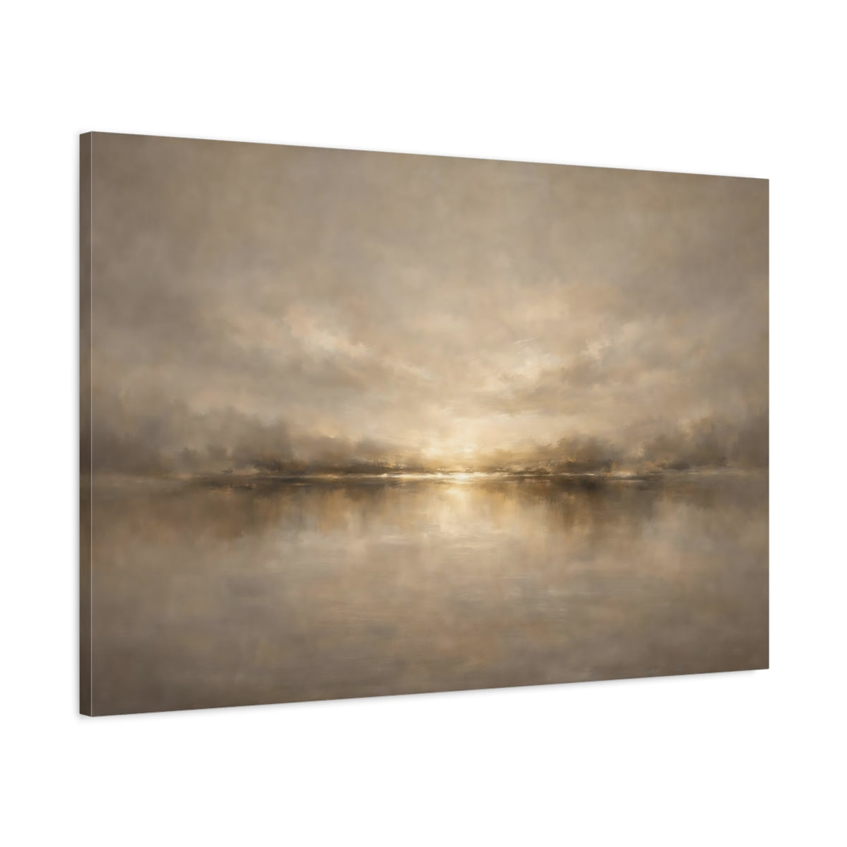 Side Mockup 1. Nature Waterscape Gold Neutral Landscape shown as stretched canvas wall art