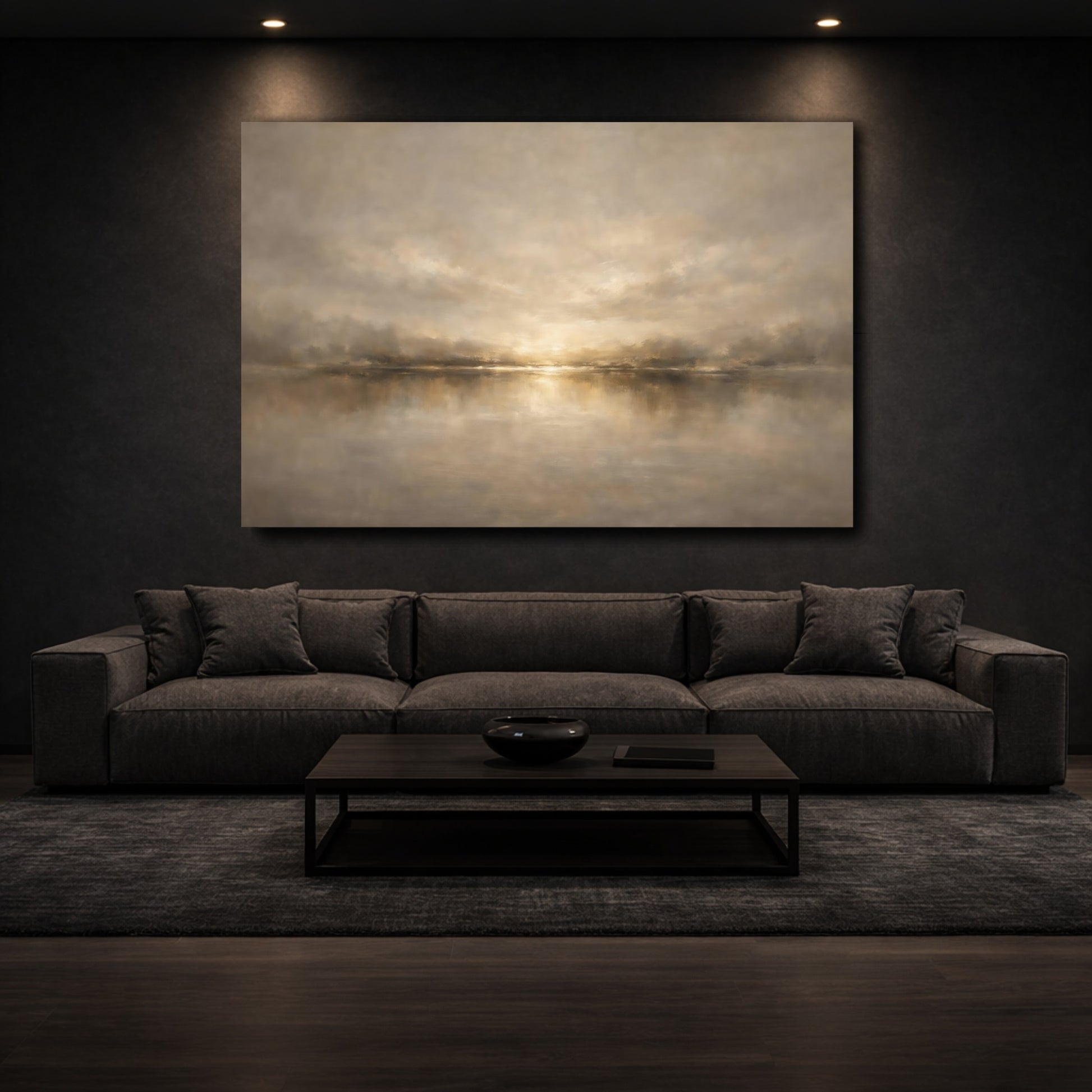 Mockup 2. Nature Waterscape Gold Neutral Landscape shown as stretched canvas wall art