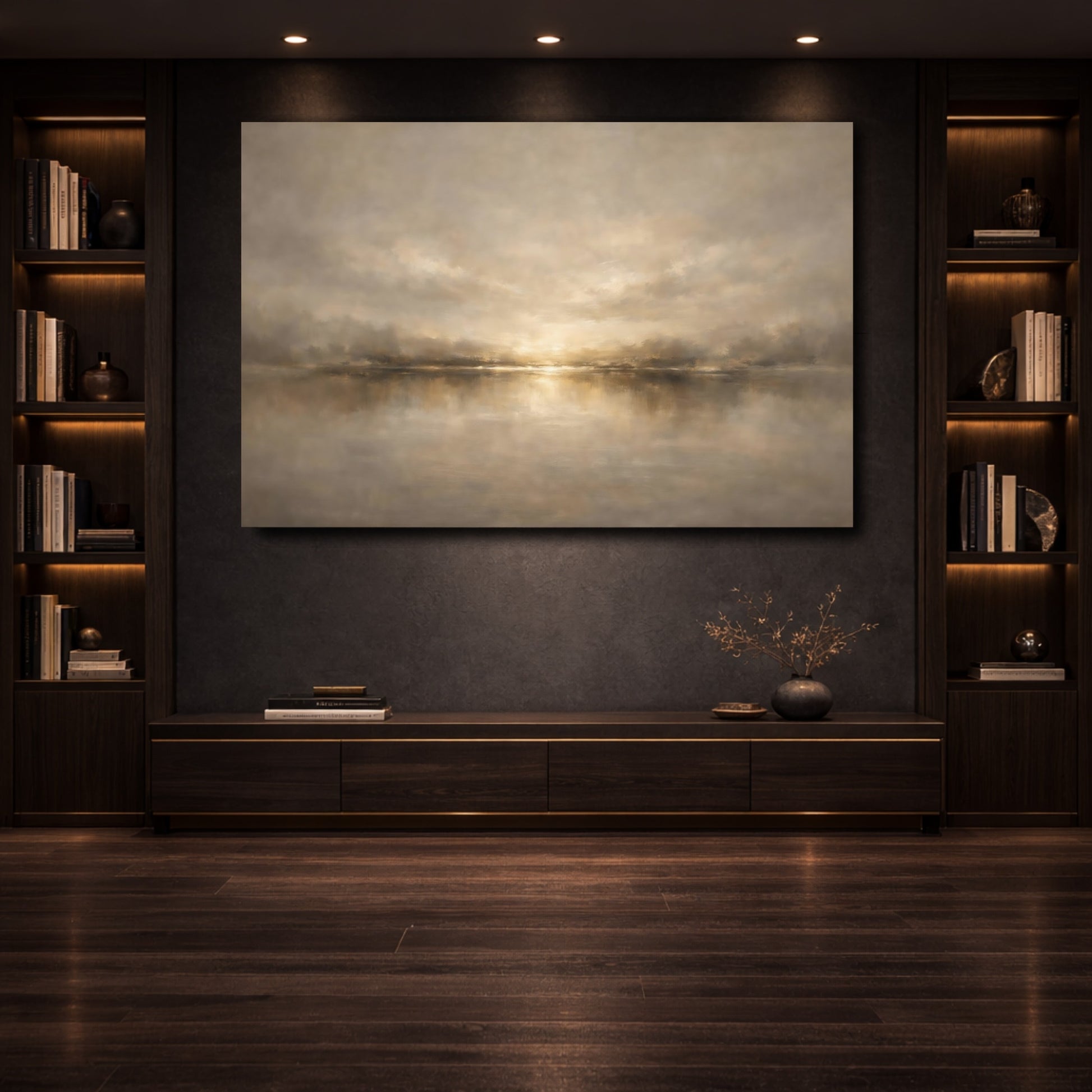 Mockup 3. Nature Waterscape Gold Neutral Landscape shown as stretched canvas wall art