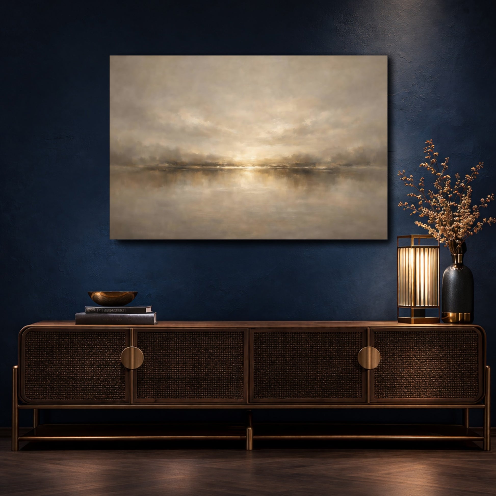 Mockup 4. Nature Waterscape Gold Neutral Landscape shown as stretched canvas wall art