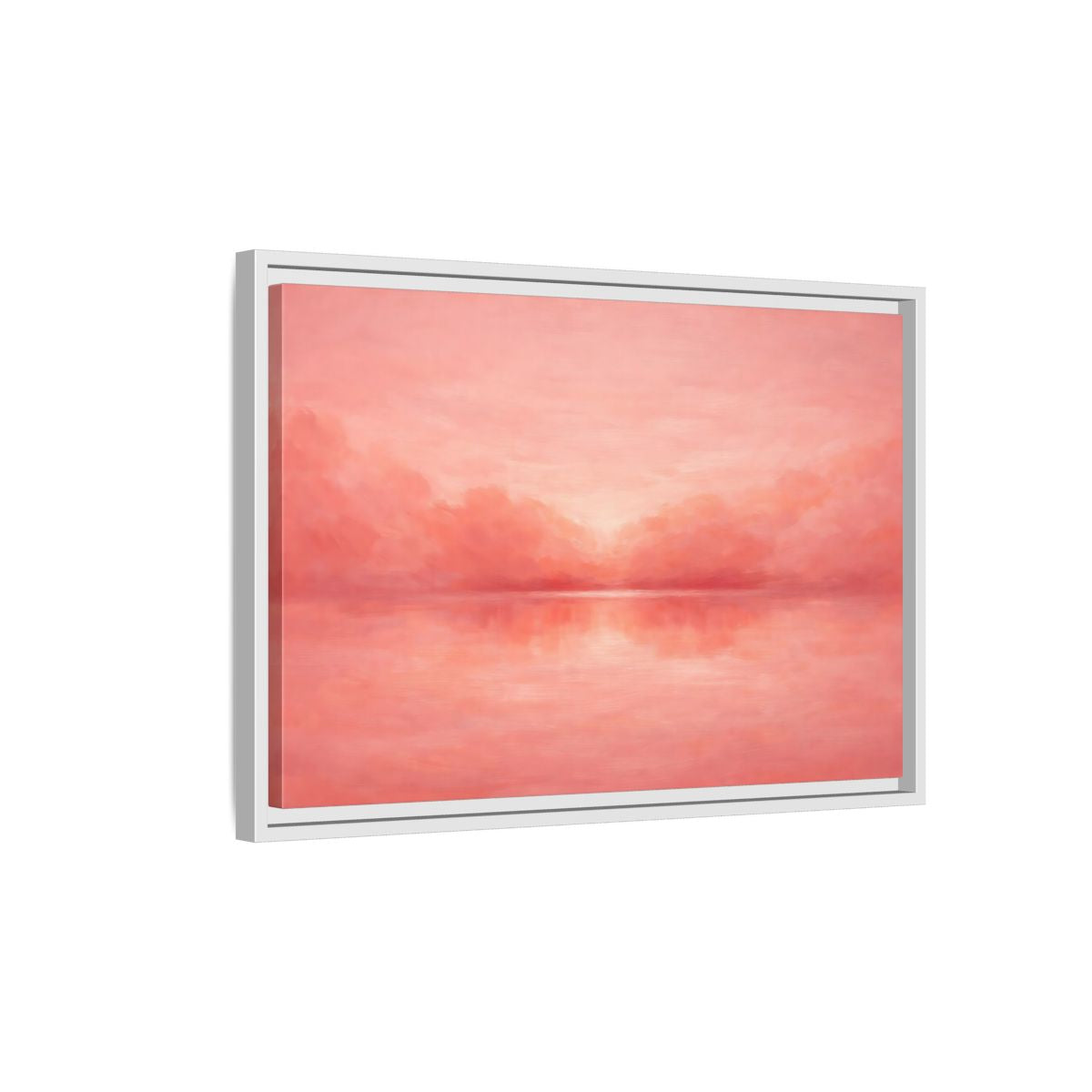 Side Mockup 1. Nature Waterscape Pink And Peach shown as stretched canvas wall art