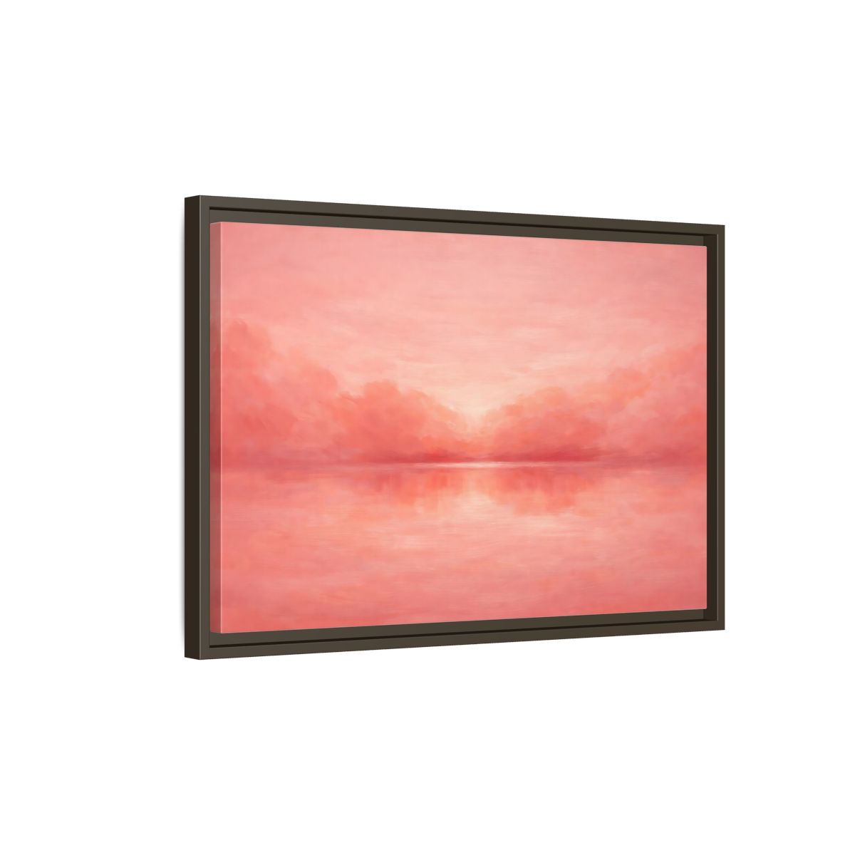 Side Mockup 2. Nature Waterscape Pink And Peach shown as stretched canvas wall art