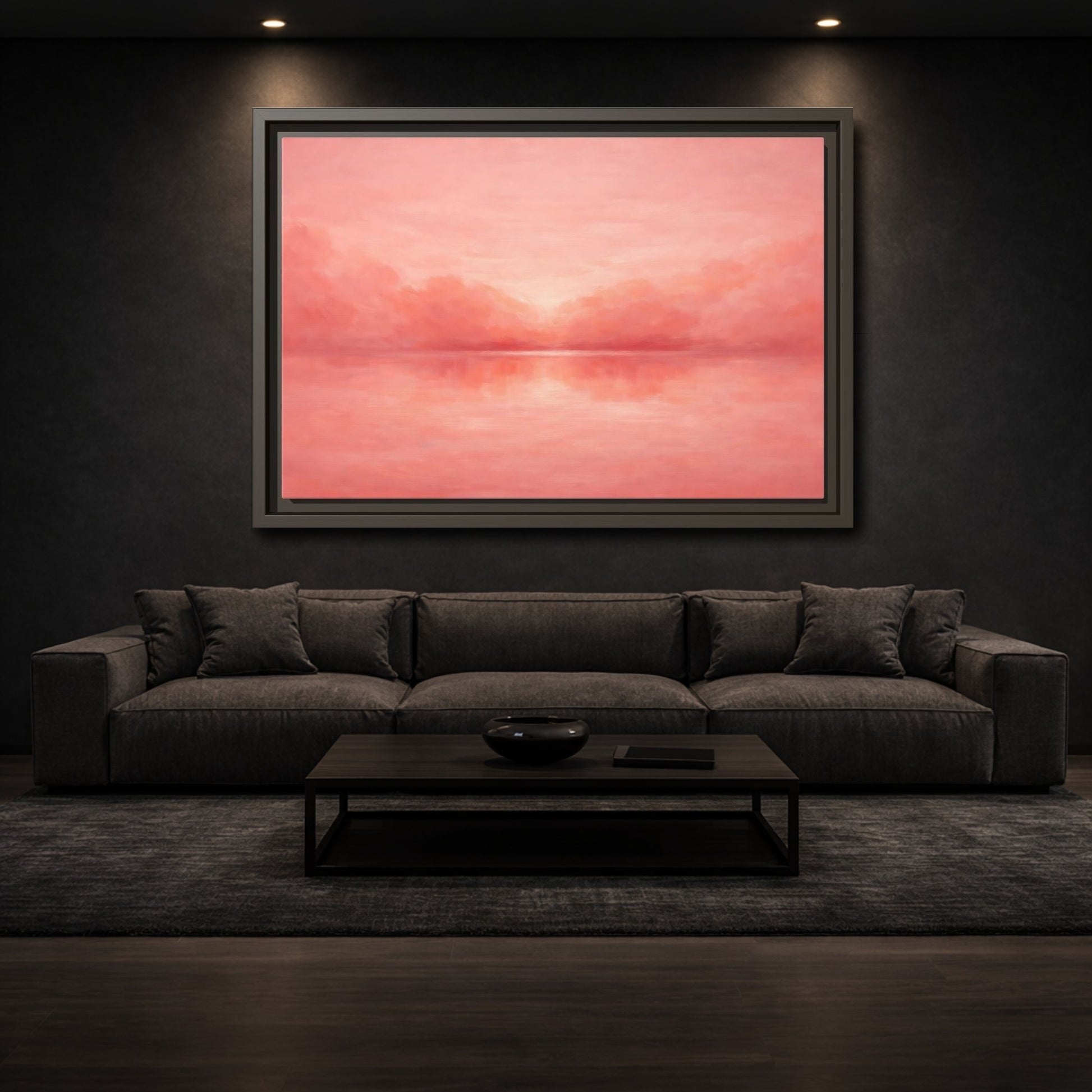 Mockup 2. Nature Waterscape Pink And Peach shown as stretched canvas wall art