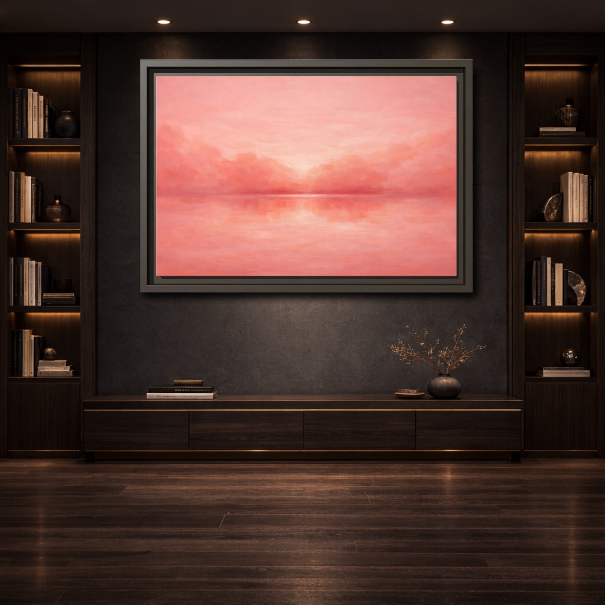 Mockup 3. Nature Waterscape Pink And Peach shown as stretched canvas wall art