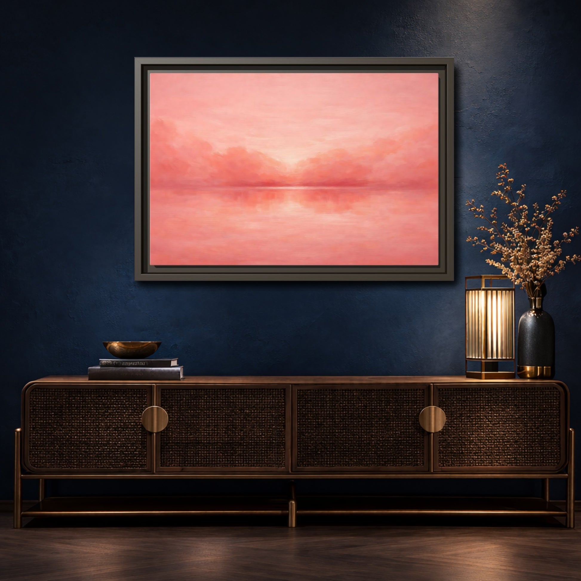 Mockup 4. Nature Waterscape Pink And Peach shown as stretched canvas wall art