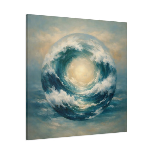 Main Mockup. Nature Wave Sphere Blue Ocean Wave shown as stretched canvas wall art
