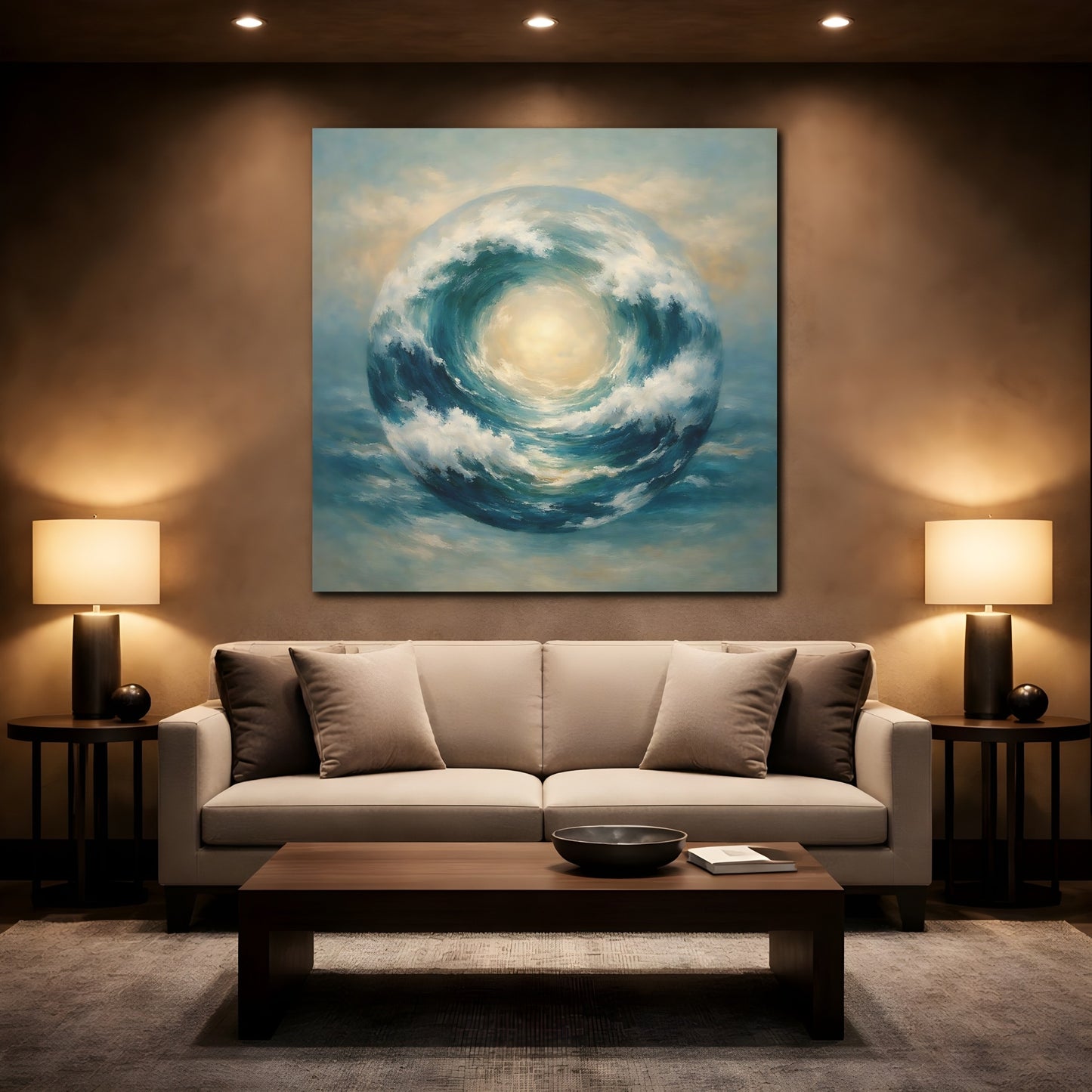 Mockup 2. Nature Wave Sphere Blue Ocean Wave shown as stretched canvas wall art