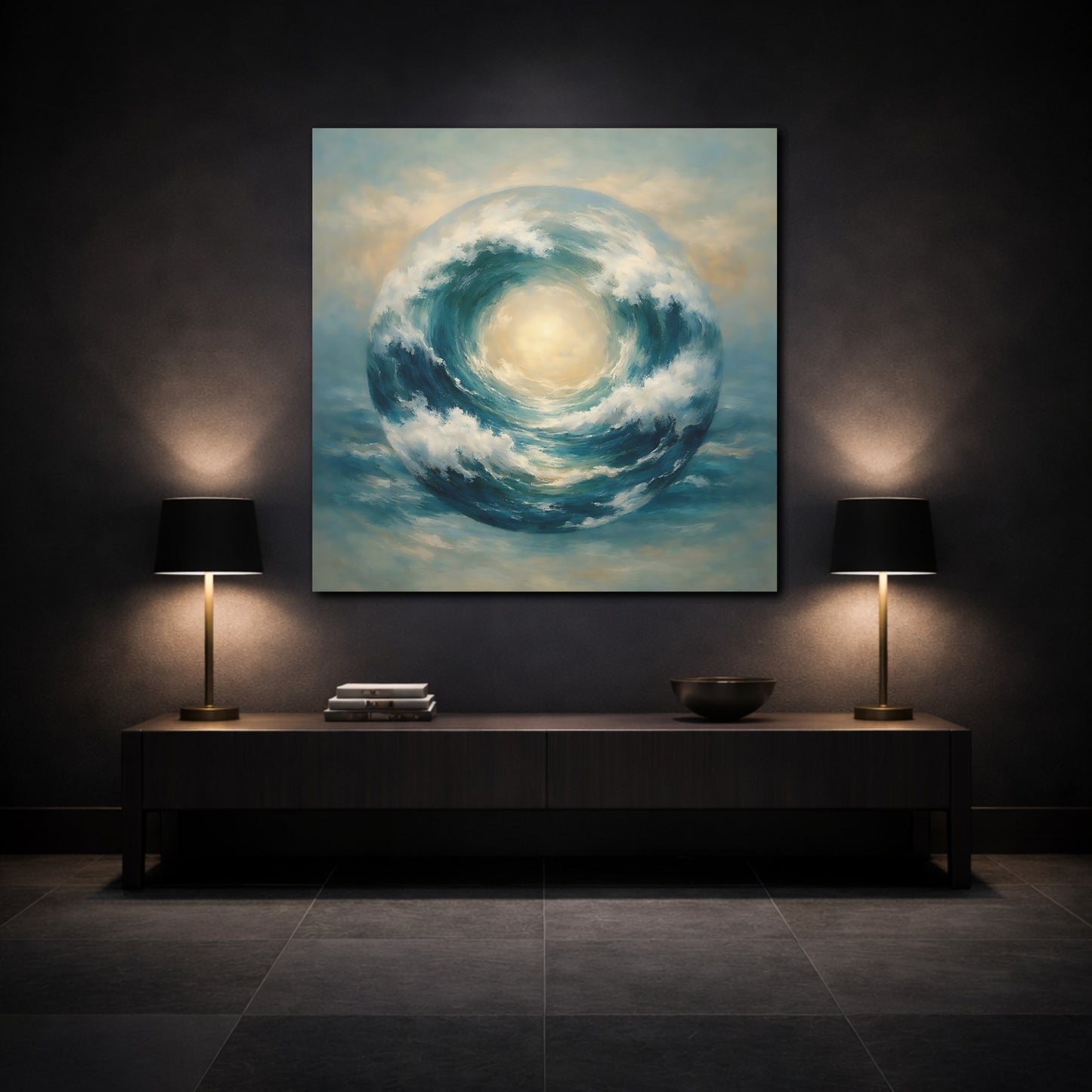 Mockup 3. Nature Wave Sphere Blue Ocean Wave shown as stretched canvas wall art