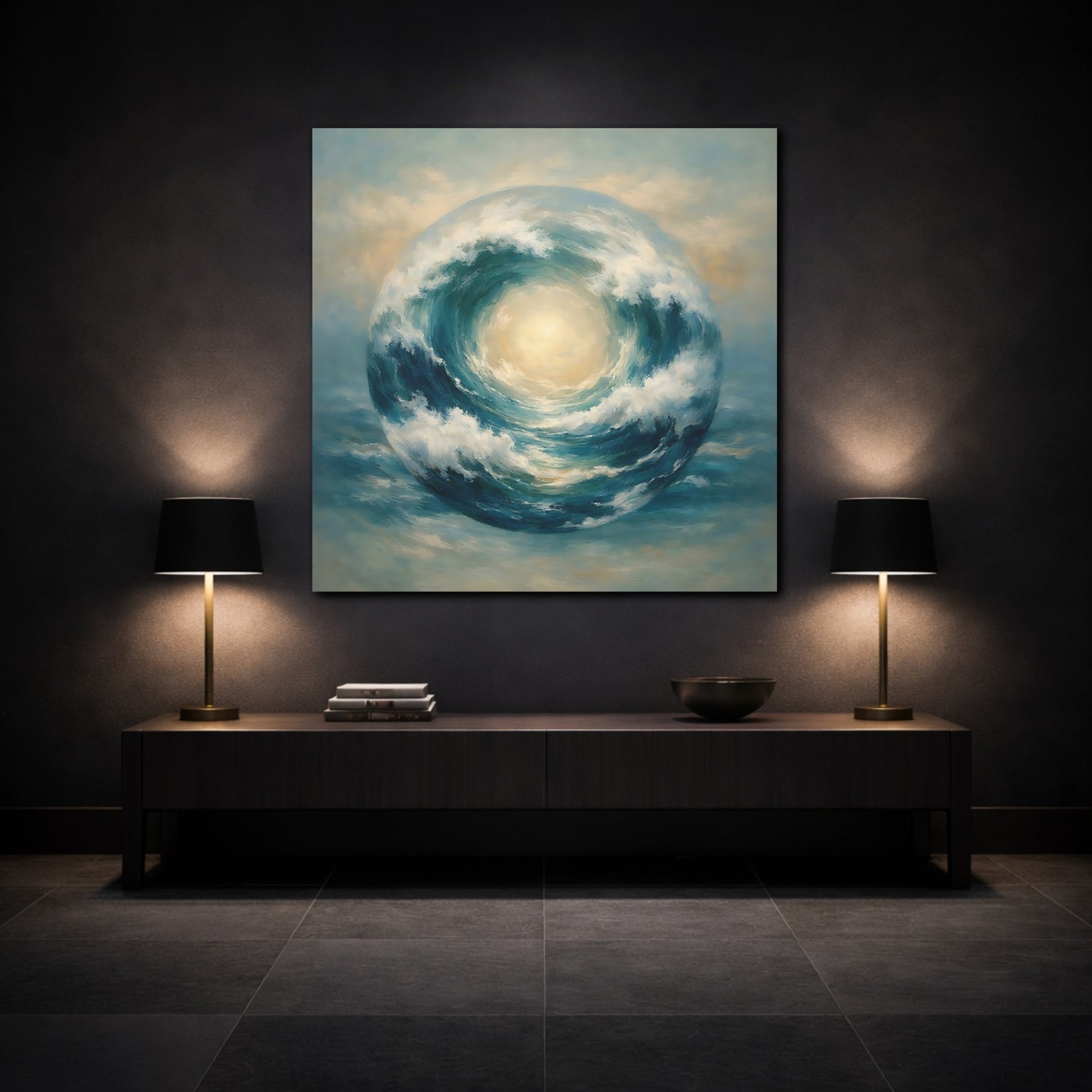 Mockup 3. Nature Wave Sphere Blue Ocean Wave shown as stretched canvas wall art