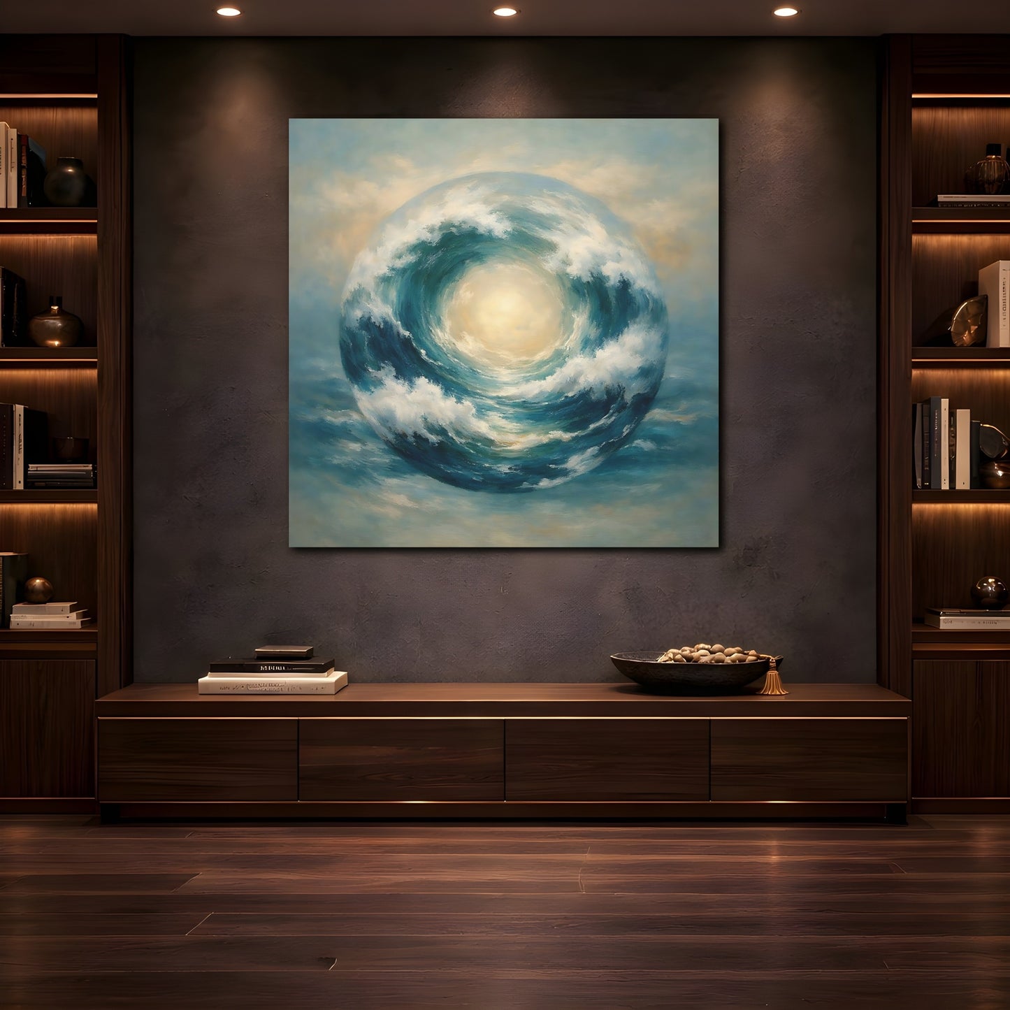 Mockup 4. Nature Wave Sphere Blue Ocean Wave shown as stretched canvas wall art