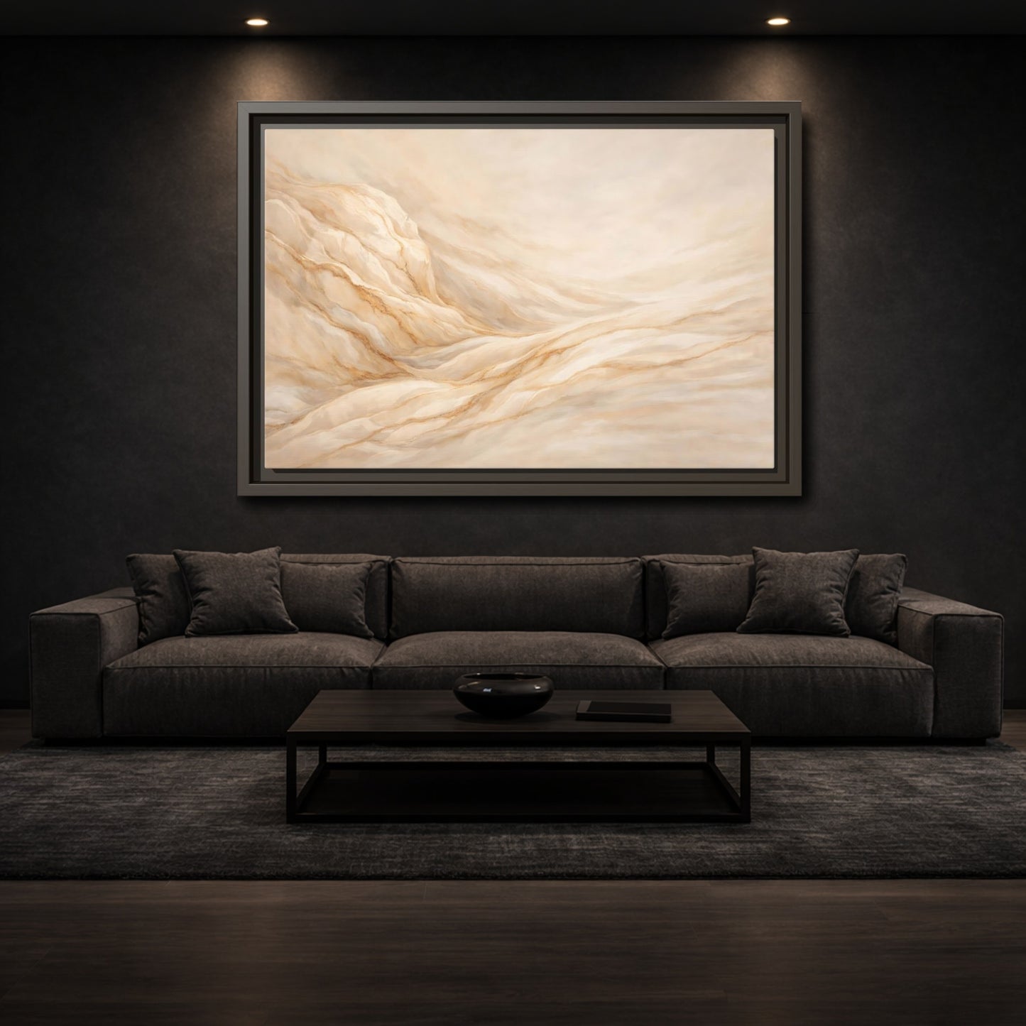 Mockup 2. Nature Wavy Dunes Cream And Gold shown as stretched canvas wall art