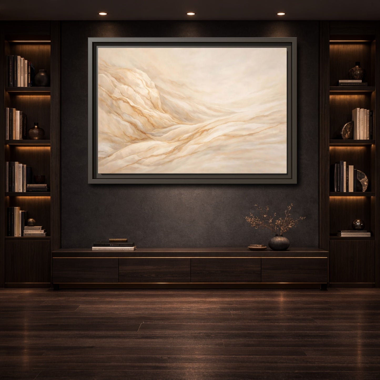 Mockup 3. Nature Wavy Dunes Cream And Gold shown as stretched canvas wall art