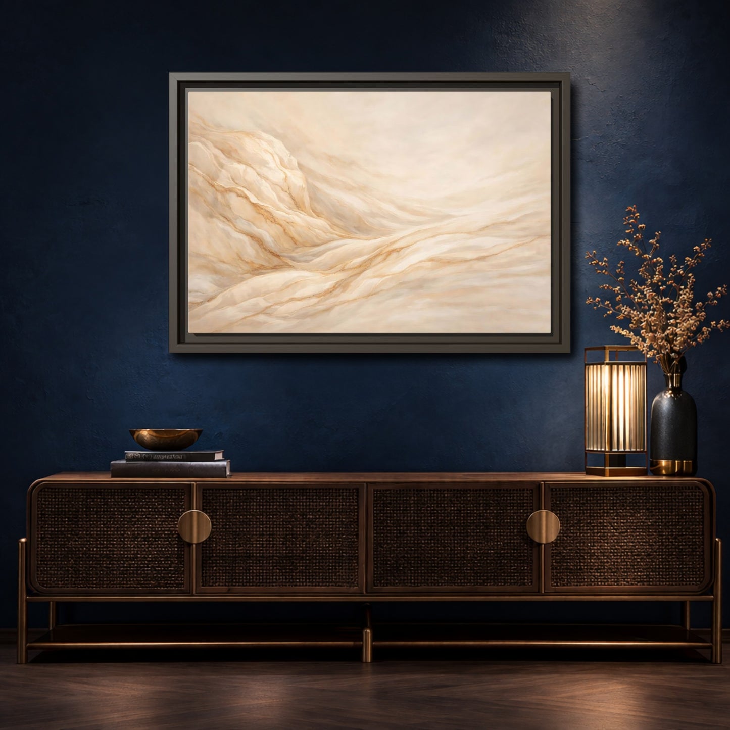 Mockup 4. Nature Wavy Dunes Cream And Gold shown as stretched canvas wall art