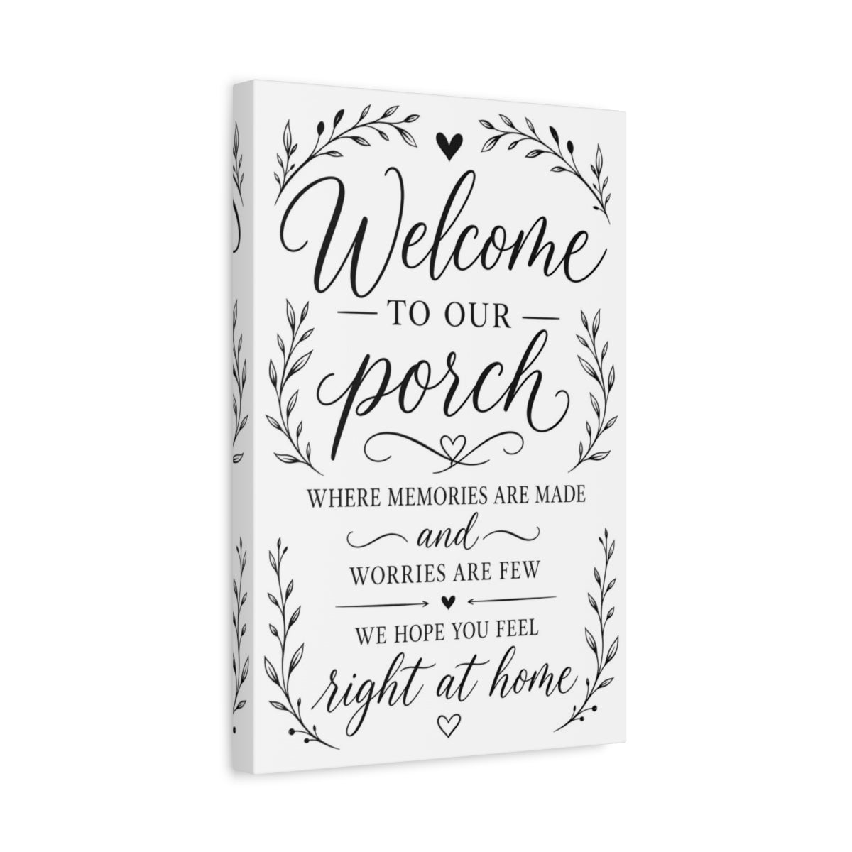 Side Mockup 4. Nature Welcome Sign Black And White shown as stretched canvas wall art