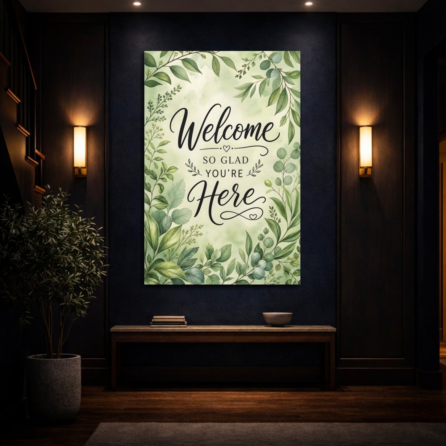 Nature Welcome Text Botanical Canvas Print – Watercolor Entryway, Feature Wall - YesArtYes