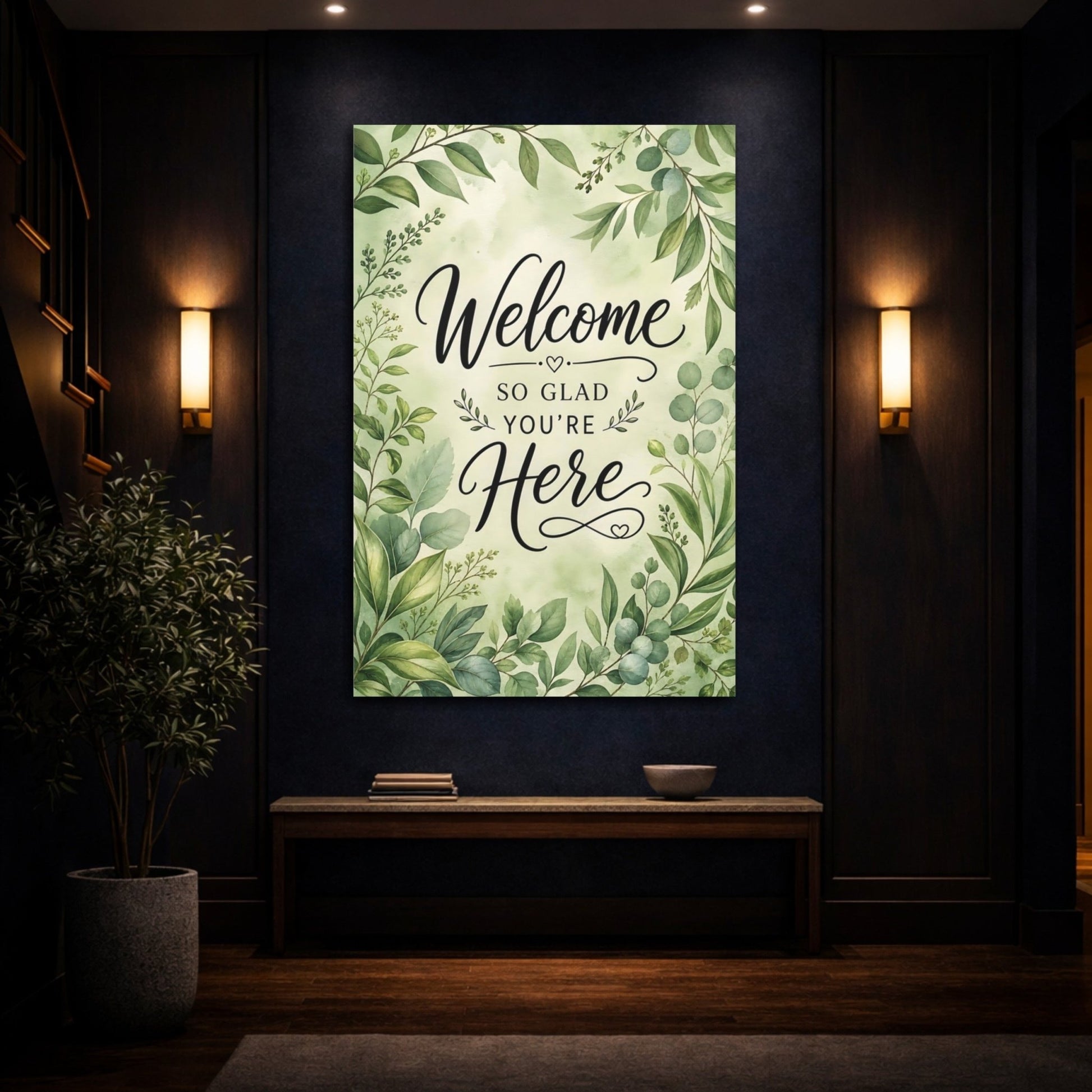 Nature Welcome Text Botanical Canvas Print – Watercolor Entryway, Feature Wall - YesArtYes