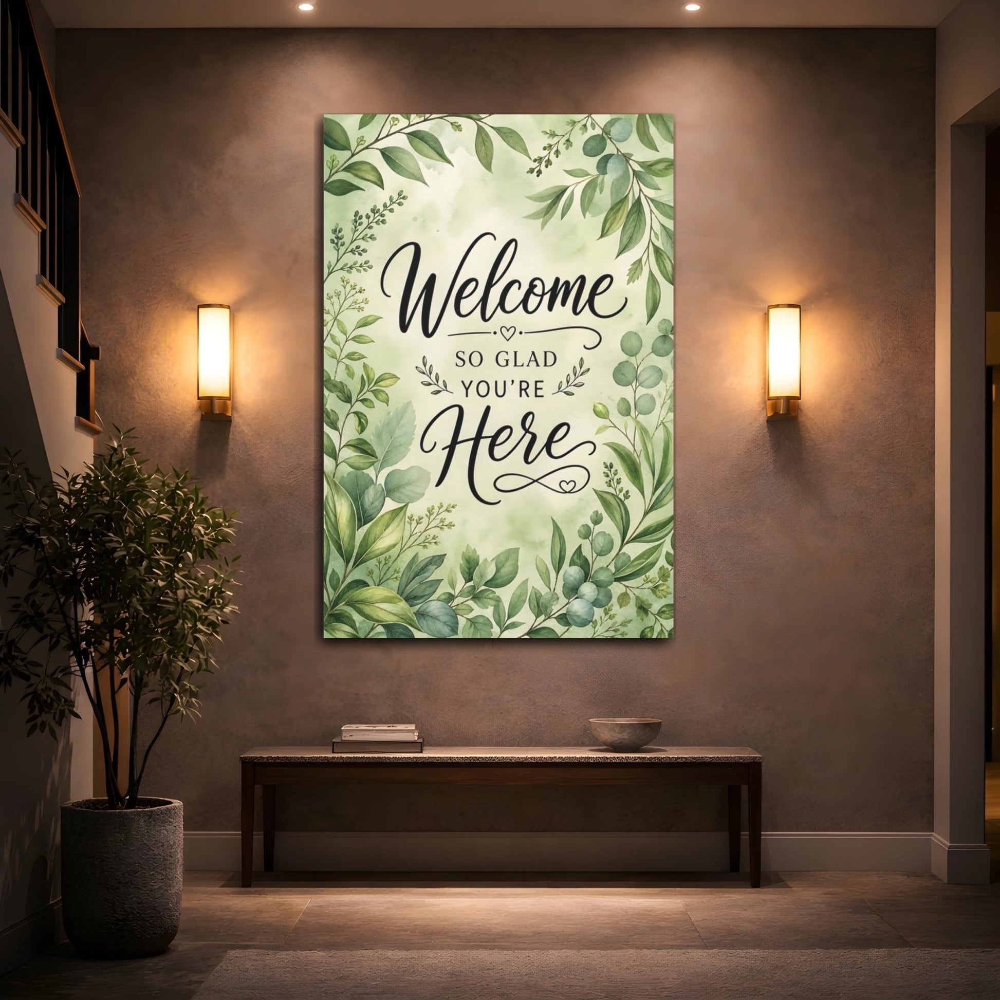 Nature Welcome Text Botanical Canvas Print – Watercolor Entryway, Feature Wall - YesArtYes