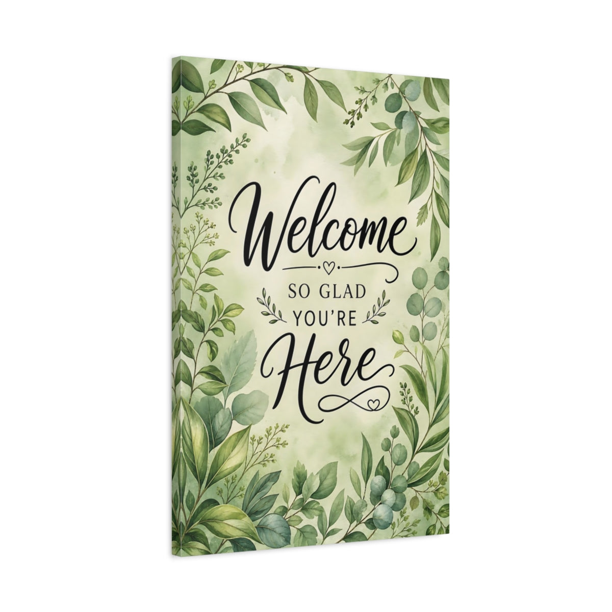 Side Mockup 2. Nature Welcome Text Botanical Welcome shown as stretched canvas wall art