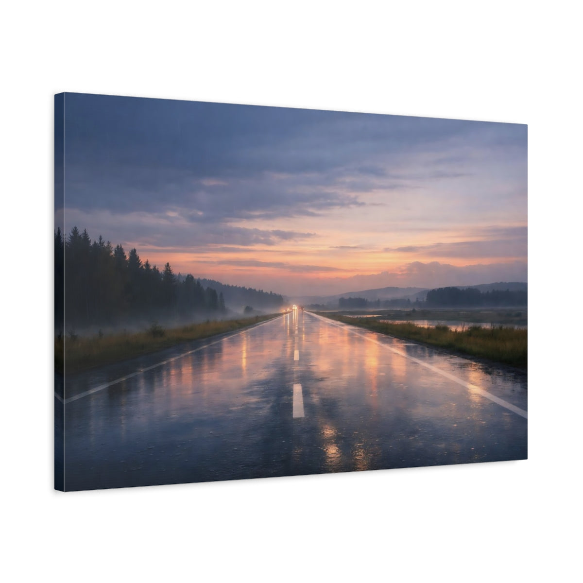 Side Mockup 2. Nature Wet Highway Rainy Sunset Road shown as stretched canvas wall art