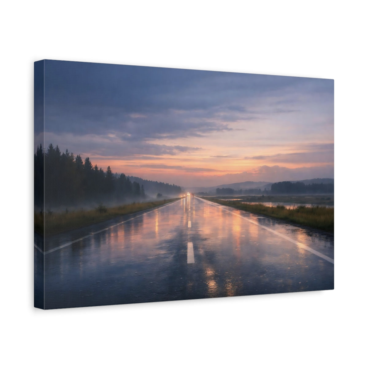 Side Mockup 4. Nature Wet Highway Rainy Sunset Road shown as stretched canvas wall art