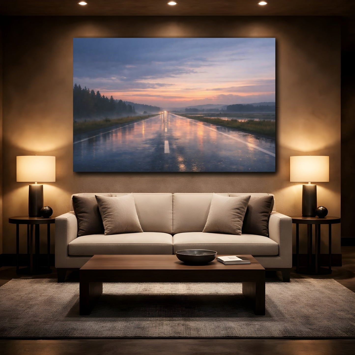 Mockup 2. Nature Wet Highway Rainy Sunset Road shown as stretched canvas wall art