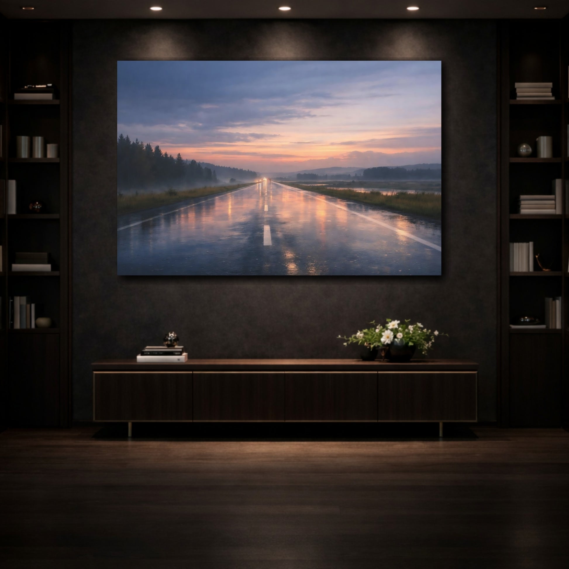 Mockup 3. Nature Wet Highway Rainy Sunset Road shown as stretched canvas wall art