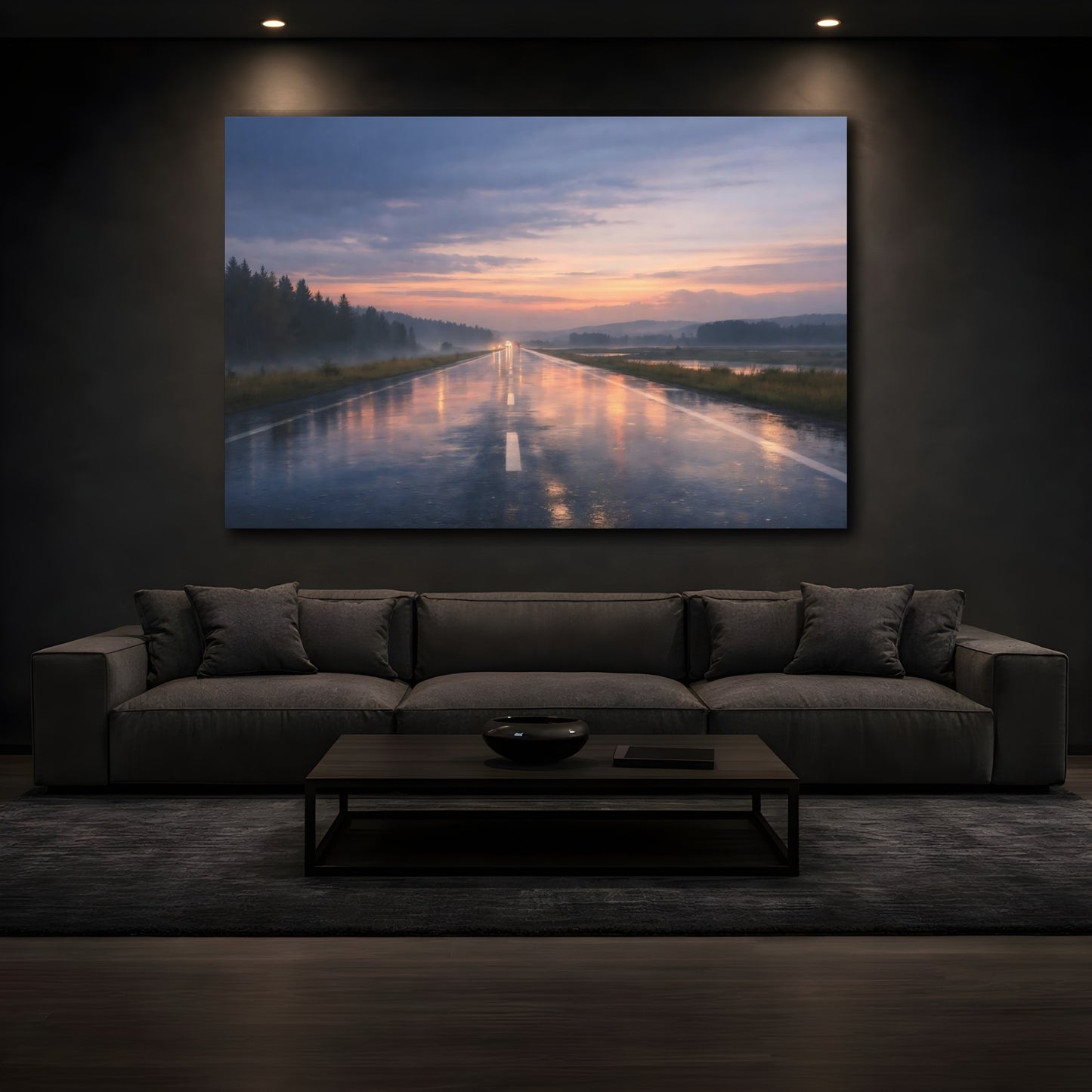 Mockup 4. Nature Wet Highway Rainy Sunset Road shown as stretched canvas wall art