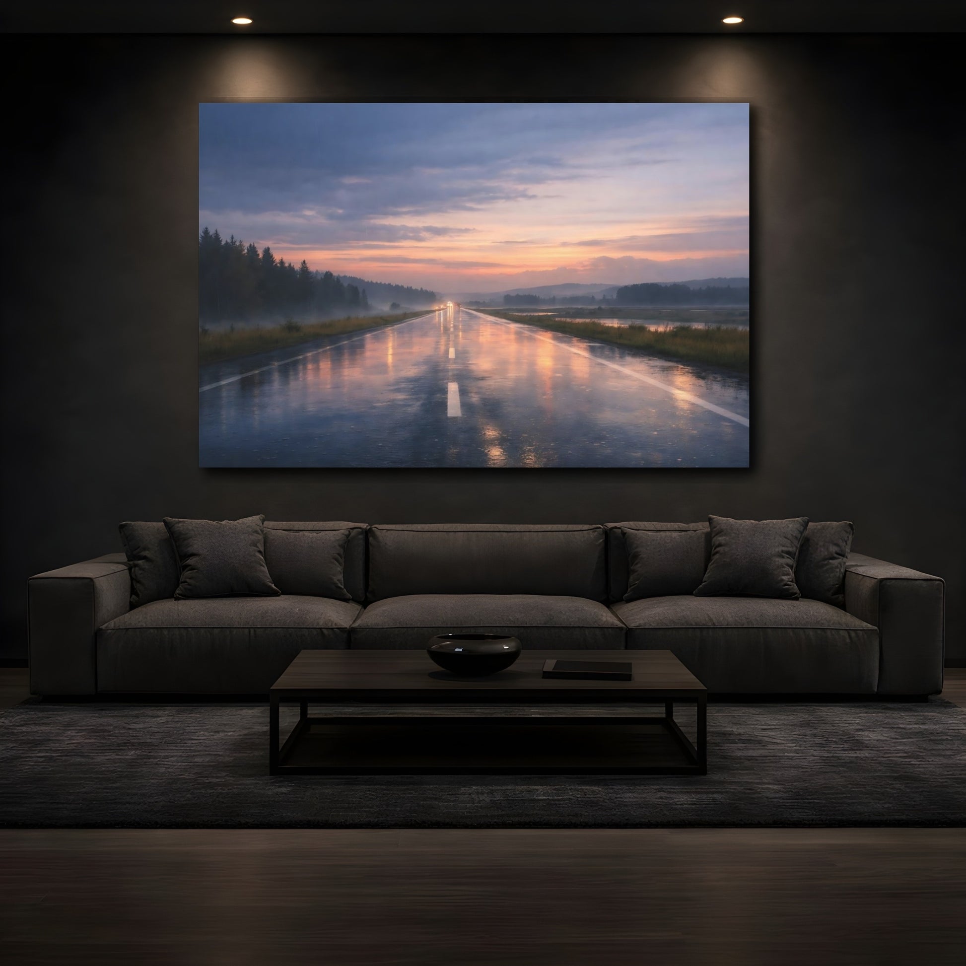 Mockup 4. Nature Wet Highway Rainy Sunset Road shown as stretched canvas wall art